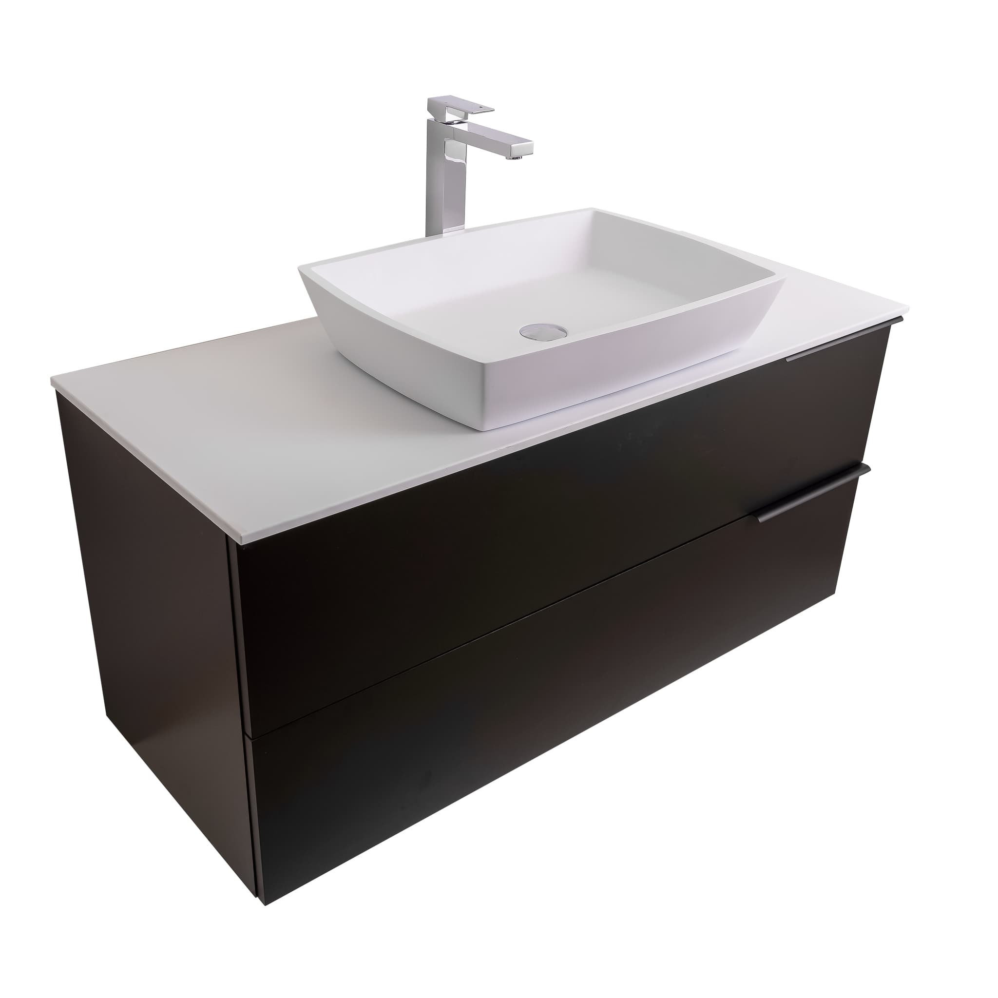 Mallorca 47.5 Matte Black Cabinet, Solid Surface Flat White Counter And Square Solid Surface White Basin 1316, Wall Mounted Modern Vanity Set