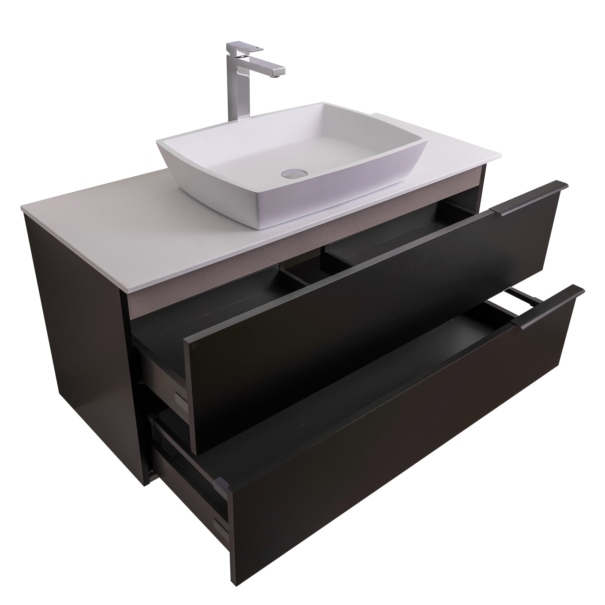 Mallorca 47.5 Matte Black Cabinet, Solid Surface Flat White Counter And Square Solid Surface White Basin 1316, Wall Mounted Modern Vanity Set