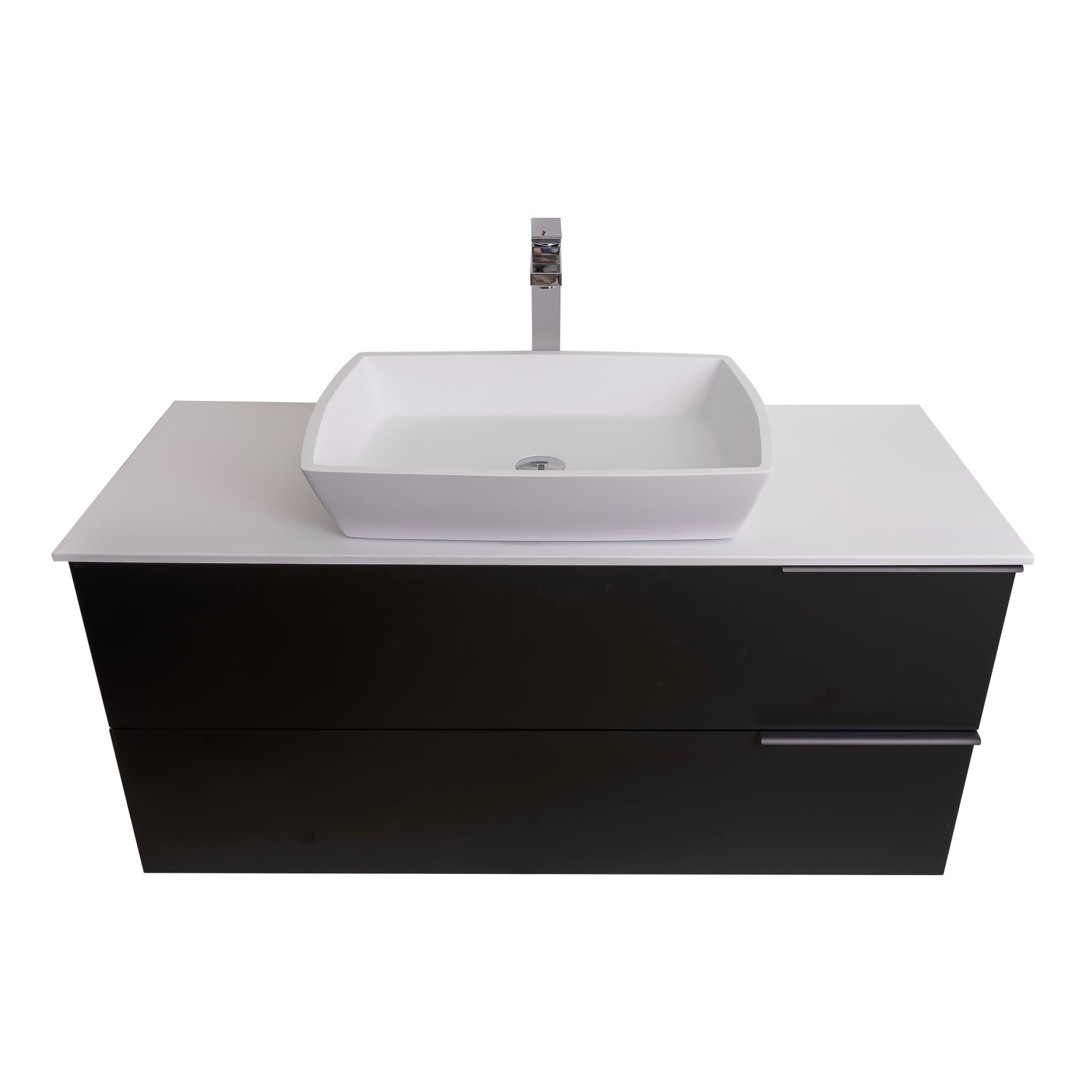 Mallorca 47.5 Matte Black Cabinet, Solid Surface Flat White Counter And Square Solid Surface White Basin 1316, Wall Mounted Modern Vanity Set