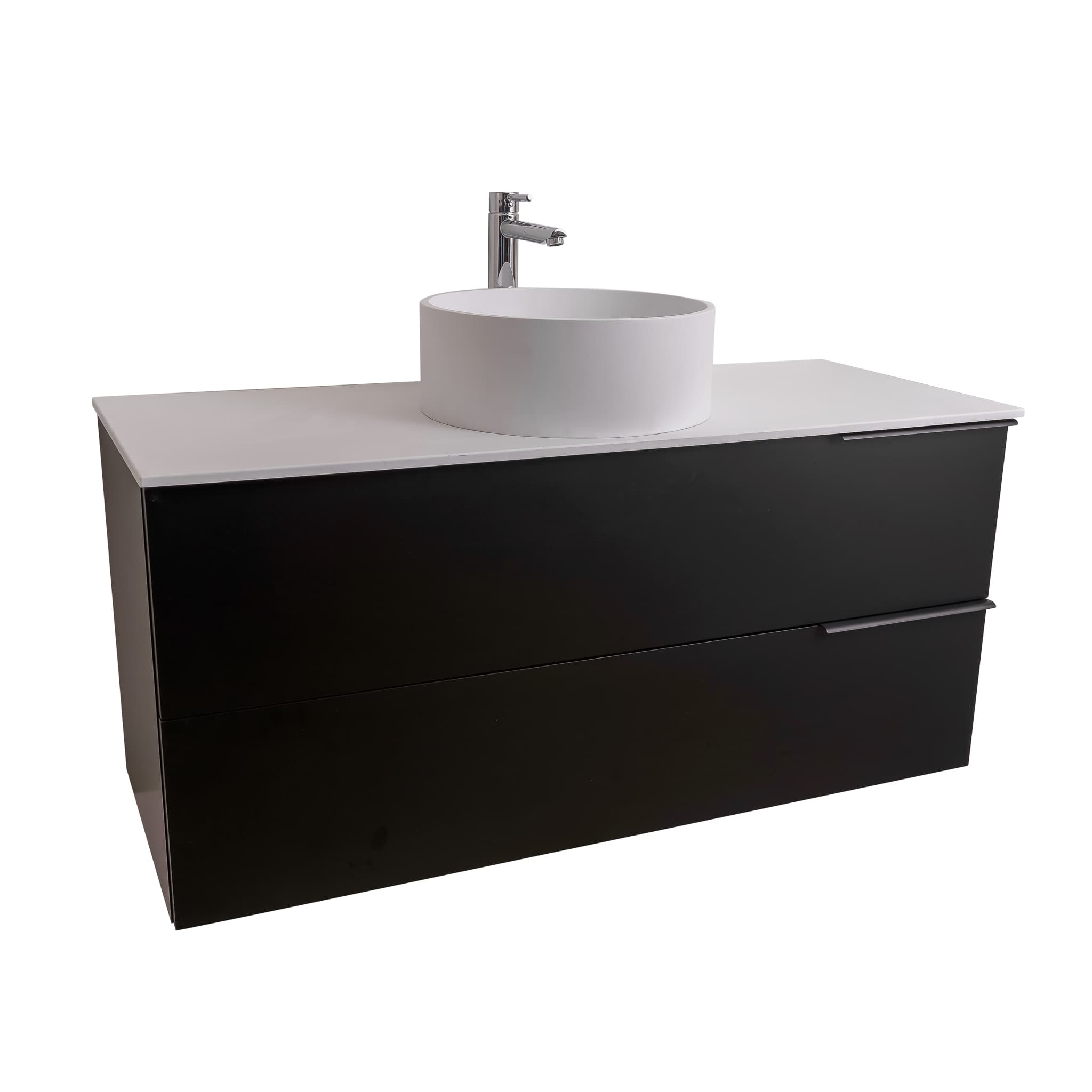 Mallorca 47.5 Matte Black Cabinet, Solid Surface Flat White Counter And Round Solid Surface White Basin 1386, Wall Mounted Modern Vanity Set