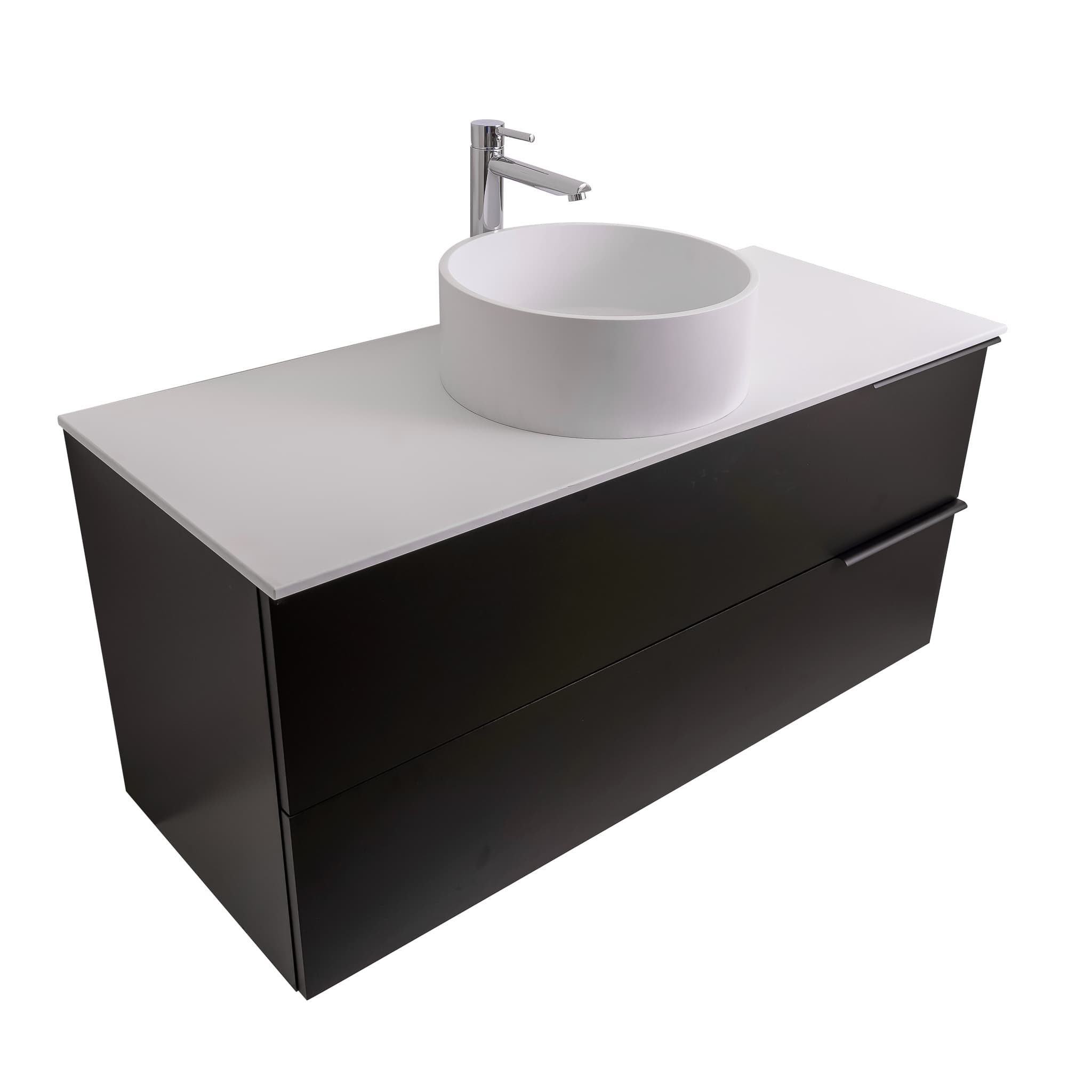 Mallorca 47.5 Matte Black Cabinet, Solid Surface Flat White Counter And Round Solid Surface White Basin 1386, Wall Mounted Modern Vanity Set Bath Trends USA