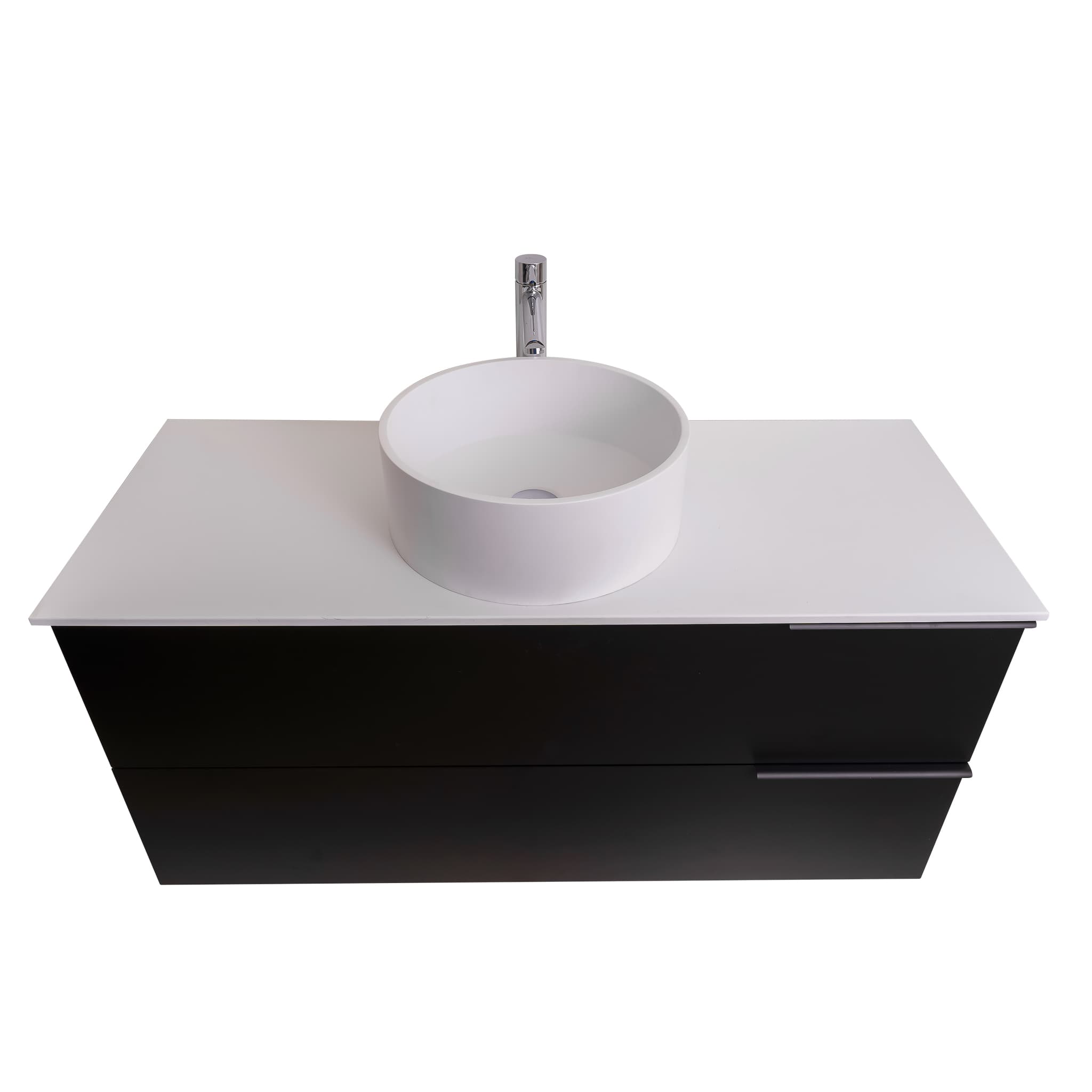 Mallorca 47.5 Matte Black Cabinet, Solid Surface Flat White Counter And Round Solid Surface White Basin 1386, Wall Mounted Modern Vanity Set