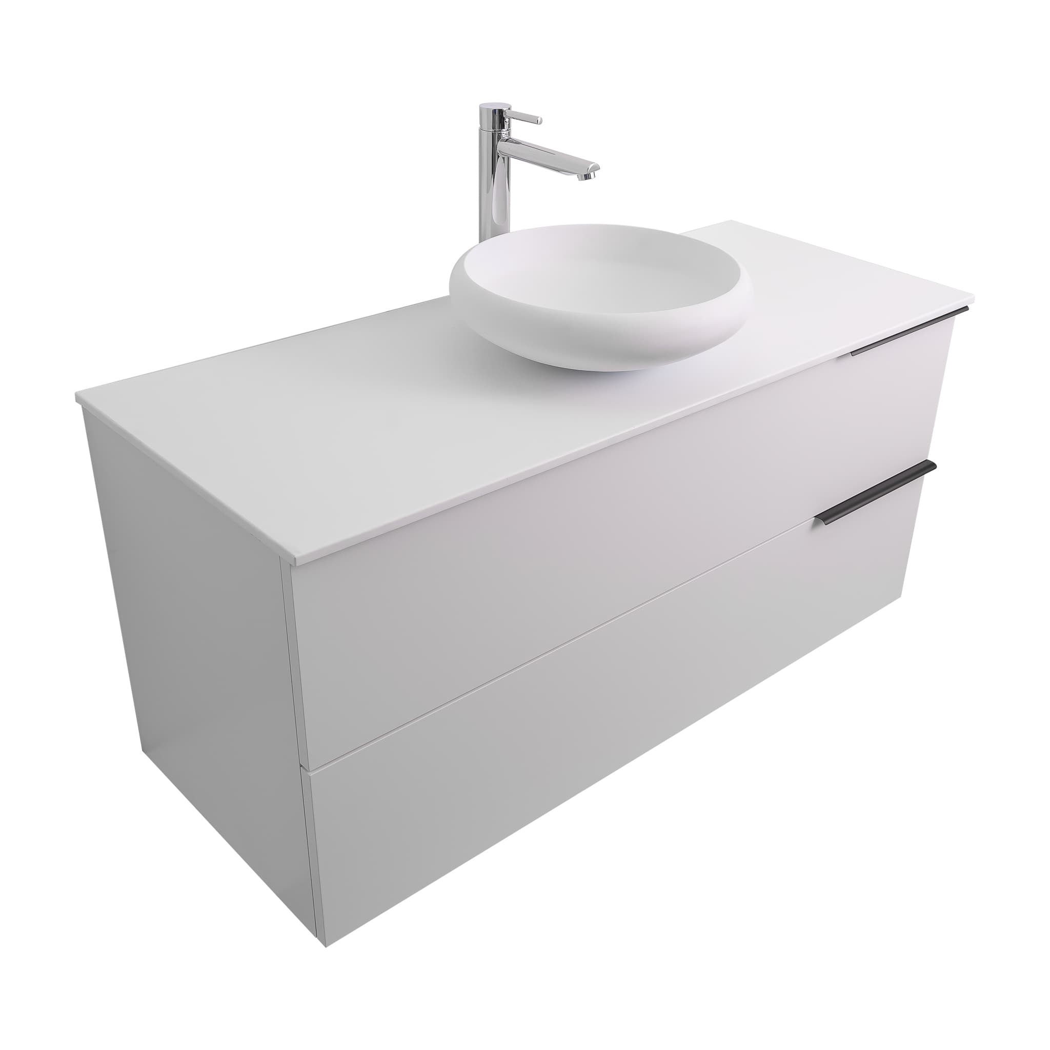 Mallorca 47.5 Matte White Cabinet, Solid Surface Flat White Counter And Round Solid Surface White Basin 1153, Wall Mounted Modern Vanity Set