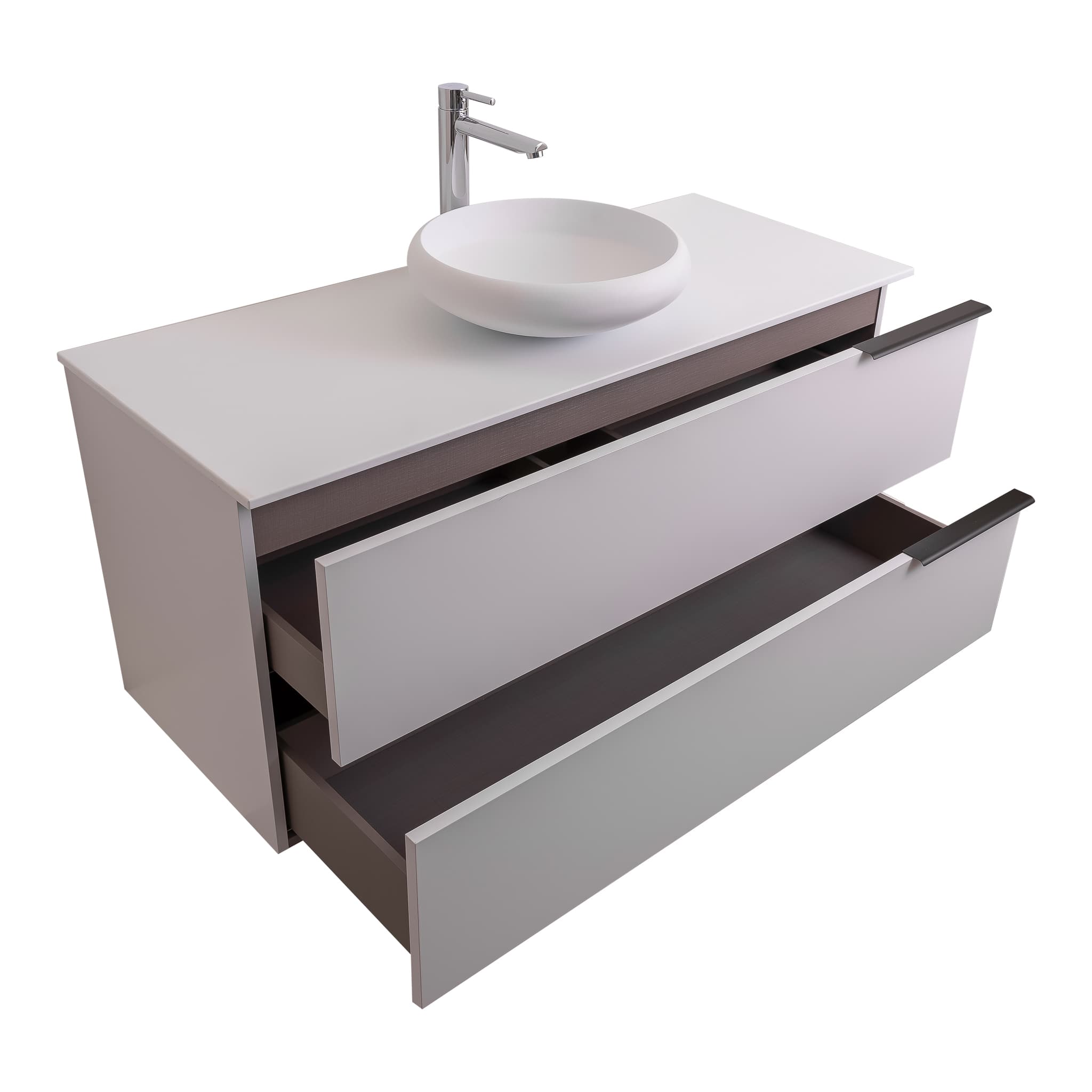 Mallorca 47.5 Matte White Cabinet, Solid Surface Flat White Counter And Round Solid Surface White Basin 1153, Wall Mounted Modern Vanity Set