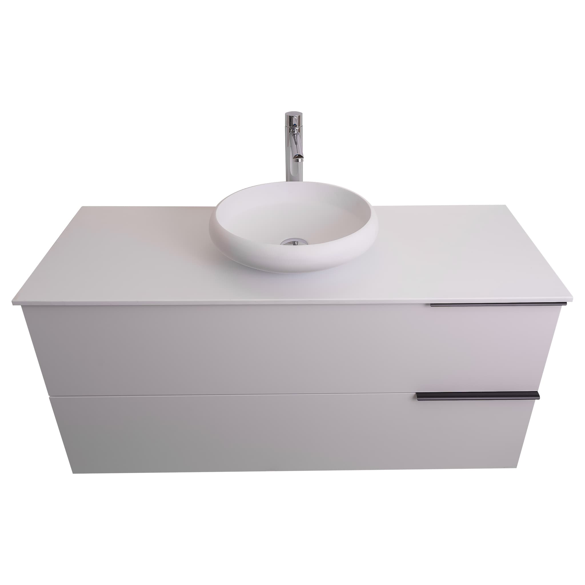 Mallorca 47.5 Matte White Cabinet, Solid Surface Flat White Counter And Round Solid Surface White Basin 1153, Wall Mounted Modern Vanity Set