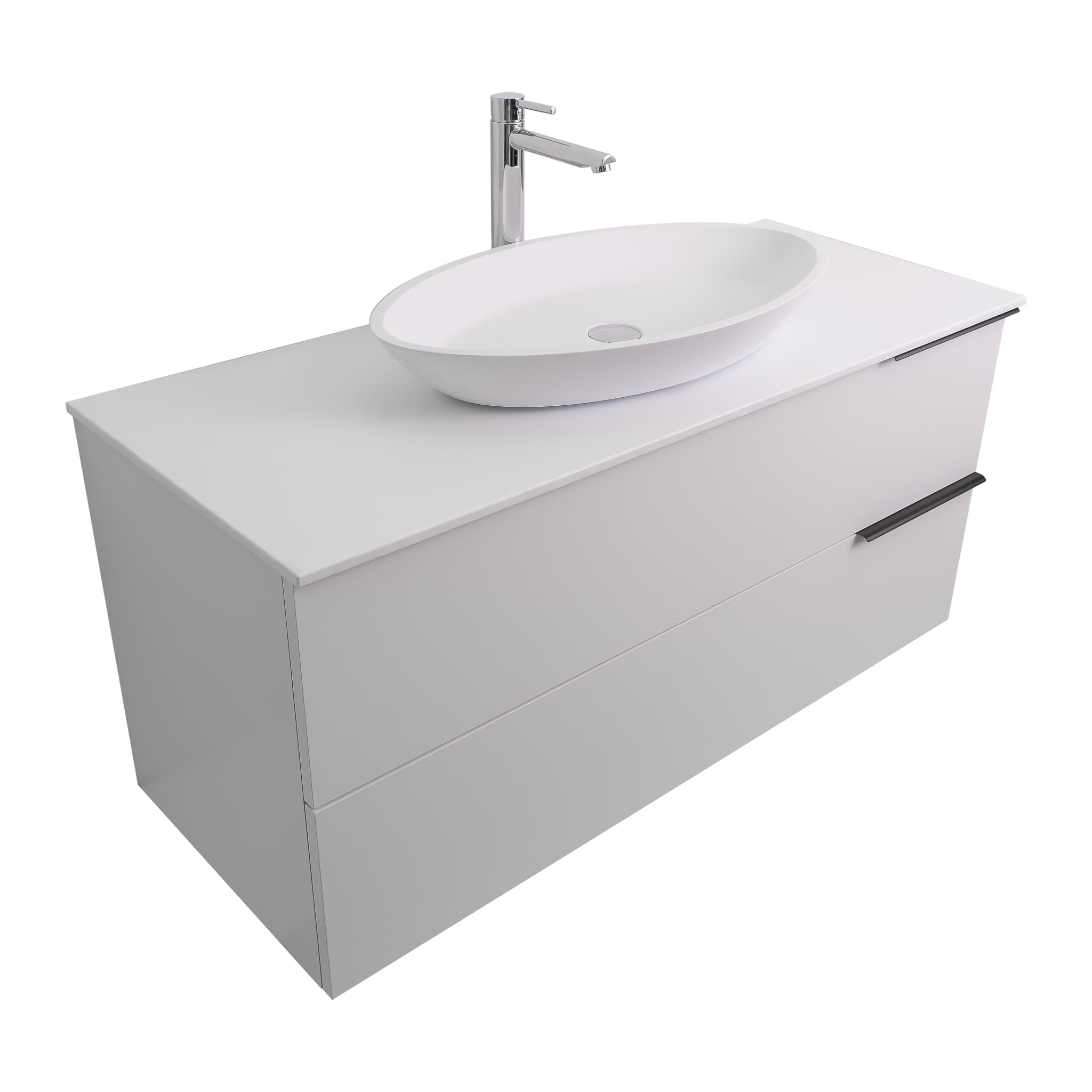 Mallorca 47.5 Matte White Cabinet, Solid Surface Flat White Counter And Oval Solid Surface White Basin 1305, Wall Mounted Modern Vanity Set