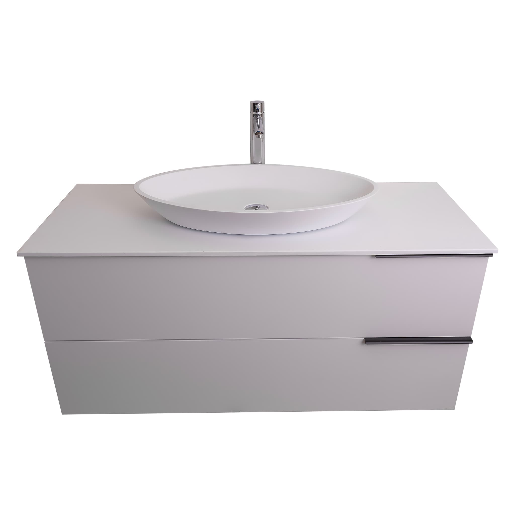 Mallorca 47.5 Matte White Cabinet, Solid Surface Flat White Counter And Oval Solid Surface White Basin 1305, Wall Mounted Modern Vanity Set
