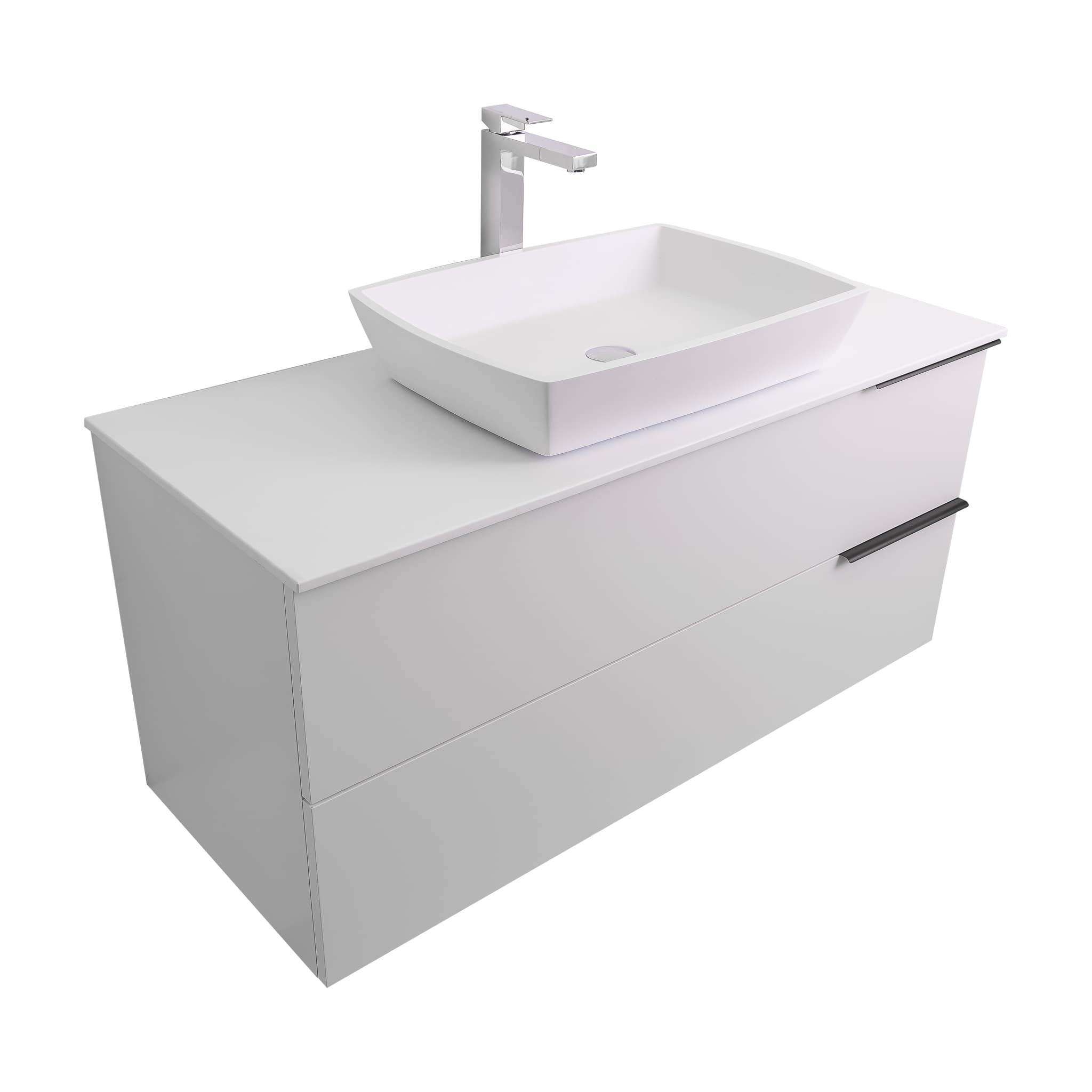 Mallorca 47.5 Matte White Cabinet, Solid Surface Flat White Counter And Square Solid Surface White Basin 1316, Wall Mounted Modern Vanity Set