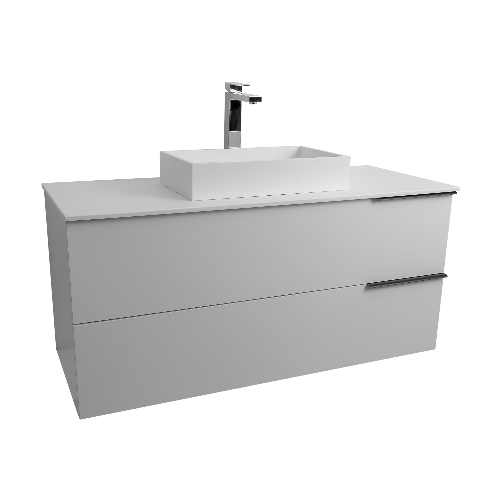 Mallorca 47.5 Matte White Cabinet, Solid Surface Flat White Counter And Infinity Square Solid Surface White Basin 1329, Wall Mounted Modern Vanity Set