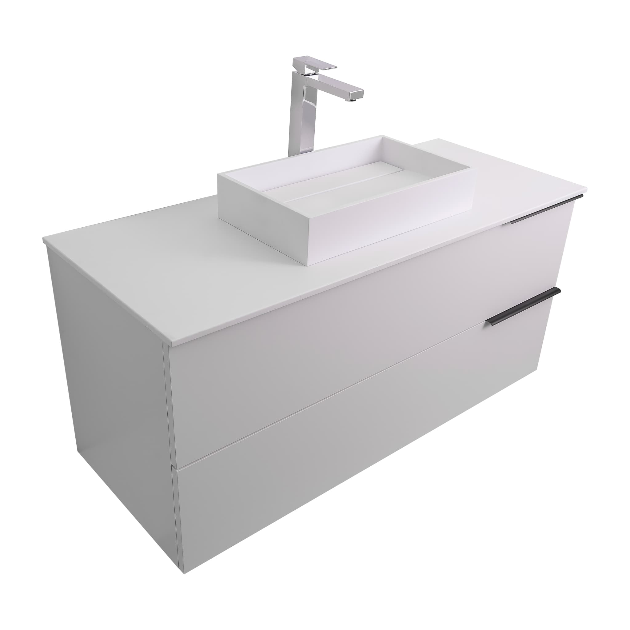 Mallorca 47.5 Matte White Cabinet, Solid Surface Flat White Counter And Infinity Square Solid Surface White Basin 1329, Wall Mounted Modern Vanity Set