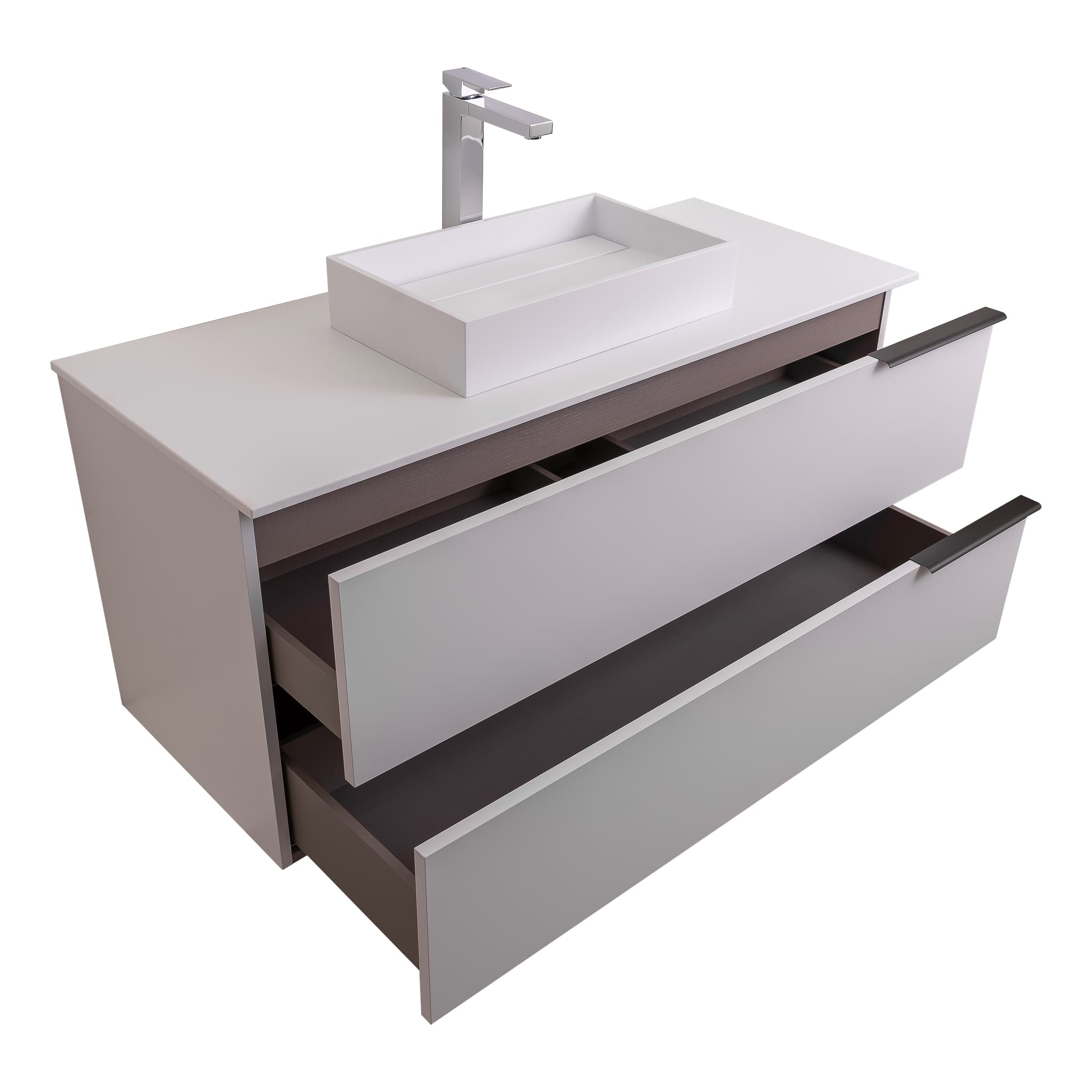 Mallorca 47.5 Matte White Cabinet, Solid Surface Flat White Counter And Infinity Square Solid Surface White Basin 1329, Wall Mounted Modern Vanity Set