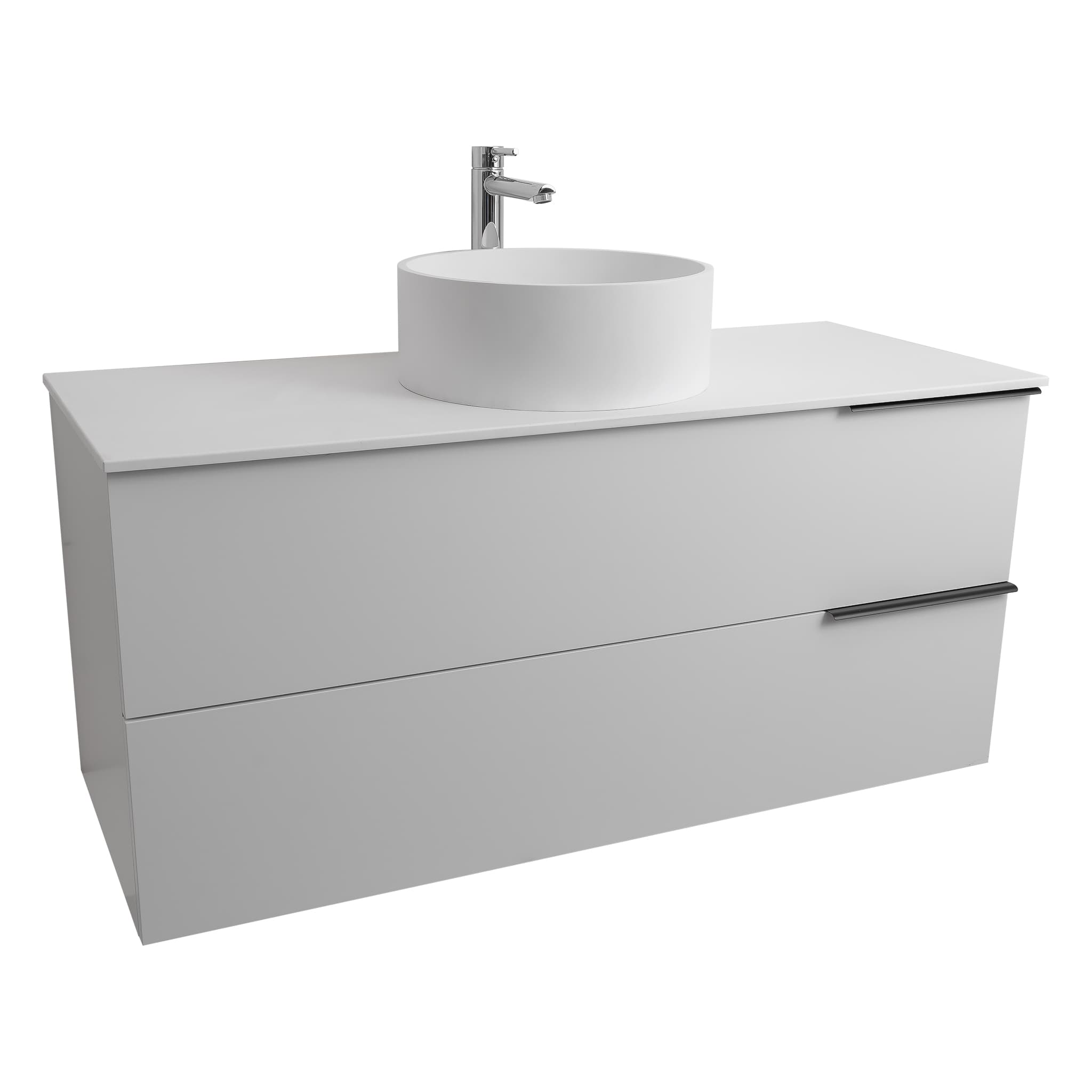 Mallorca 47.5 Matte White Cabinet, Solid Surface Flat White Counter And Round Solid Surface White Basin 1386, Wall Mounted Modern Vanity Set