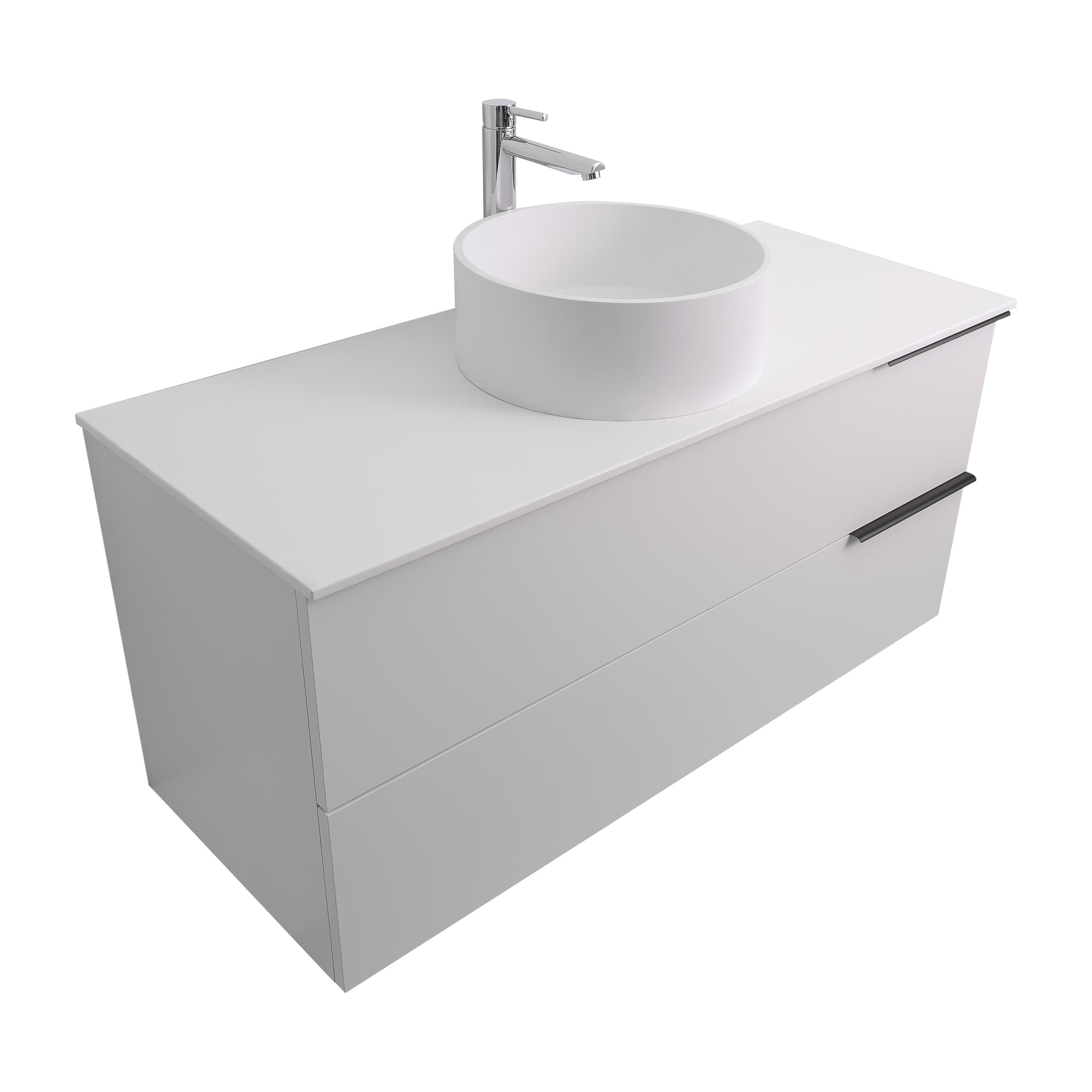 Mallorca 47.5 Matte White Cabinet, Solid Surface Flat White Counter And Round Solid Surface White Basin 1386, Wall Mounted Modern Vanity Set