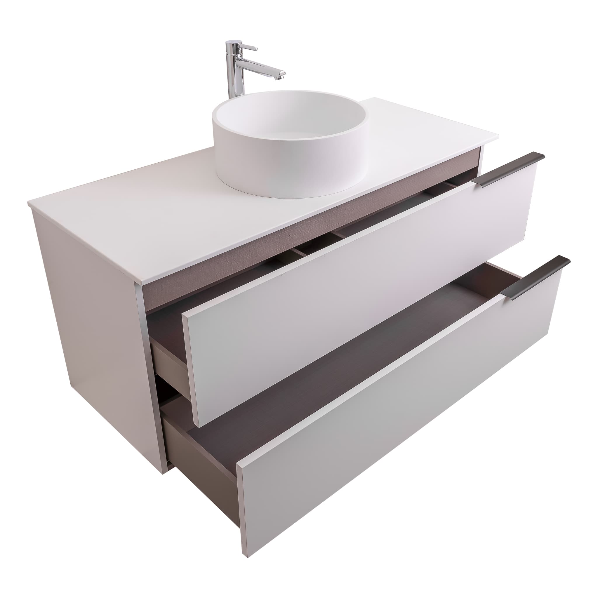 Mallorca 47.5 Matte White Cabinet, Solid Surface Flat White Counter And Round Solid Surface White Basin 1386, Wall Mounted Modern Vanity Set