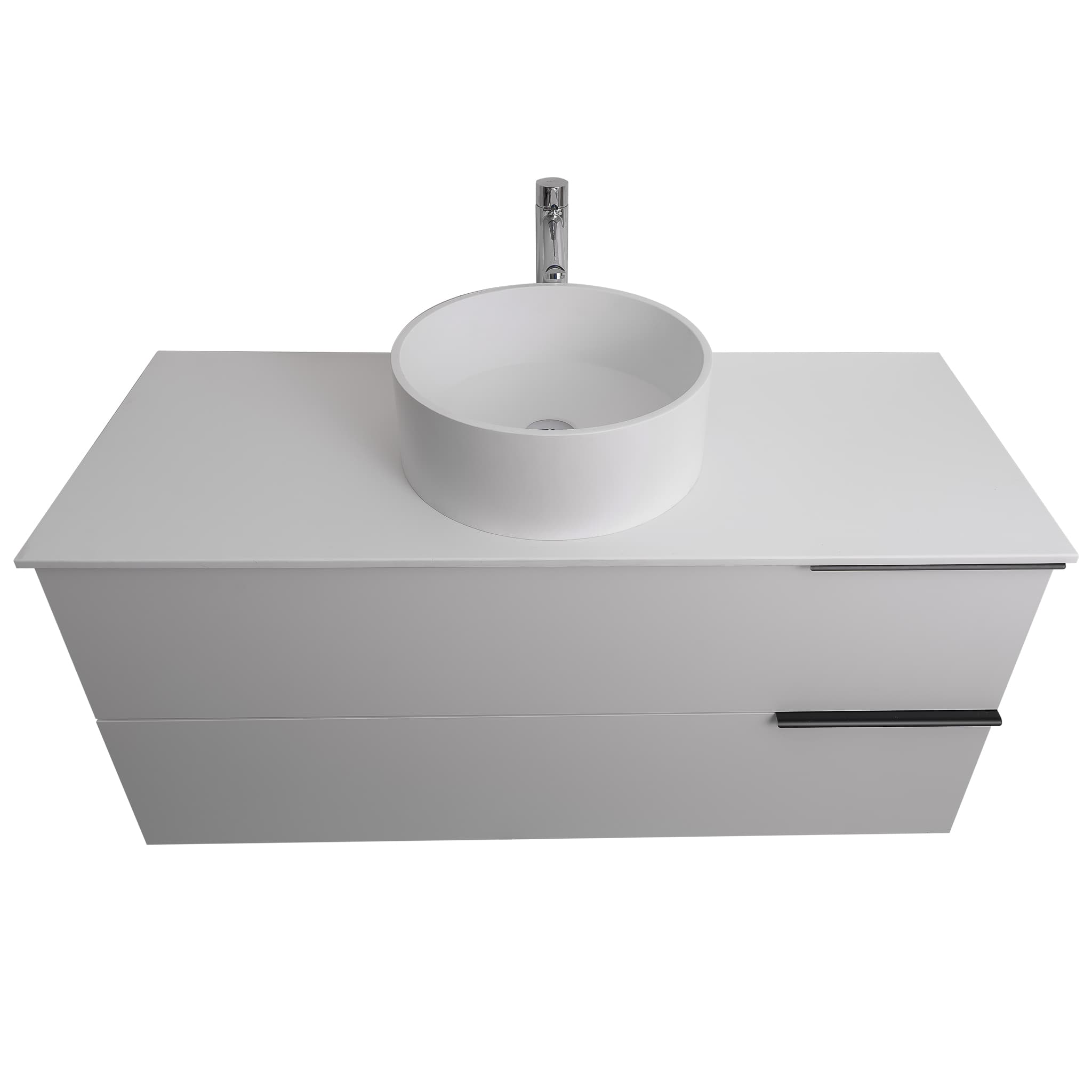 Mallorca 47.5 Matte White Cabinet, Solid Surface Flat White Counter And Round Solid Surface White Basin 1386, Wall Mounted Modern Vanity Set