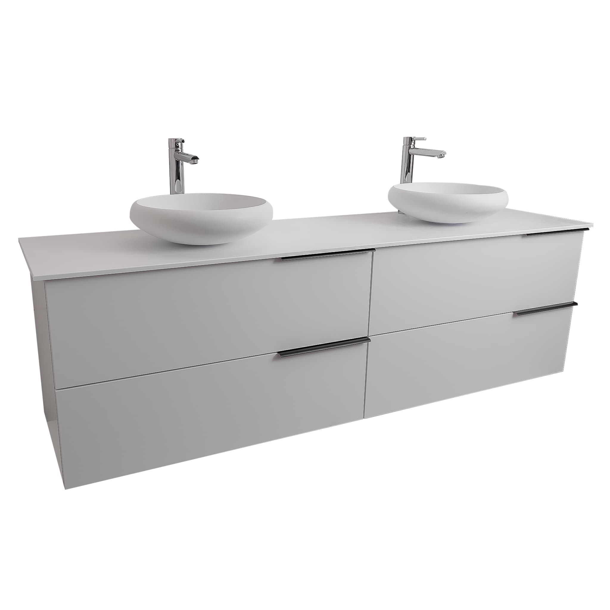 Mallorca 63 Matte White Cabinet, Solid Surface Flat White Counter And Two Round Solid Surface White Basin 1153, Wall Mounted Modern Vanity Set