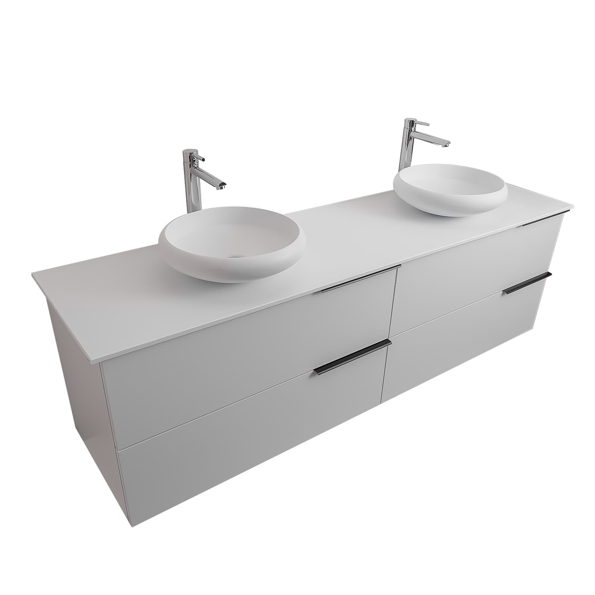 Mallorca 63 Matte White Cabinet, Solid Surface Flat White Counter And Two Round Solid Surface White Basin 1153, Wall Mounted Modern Vanity Set
