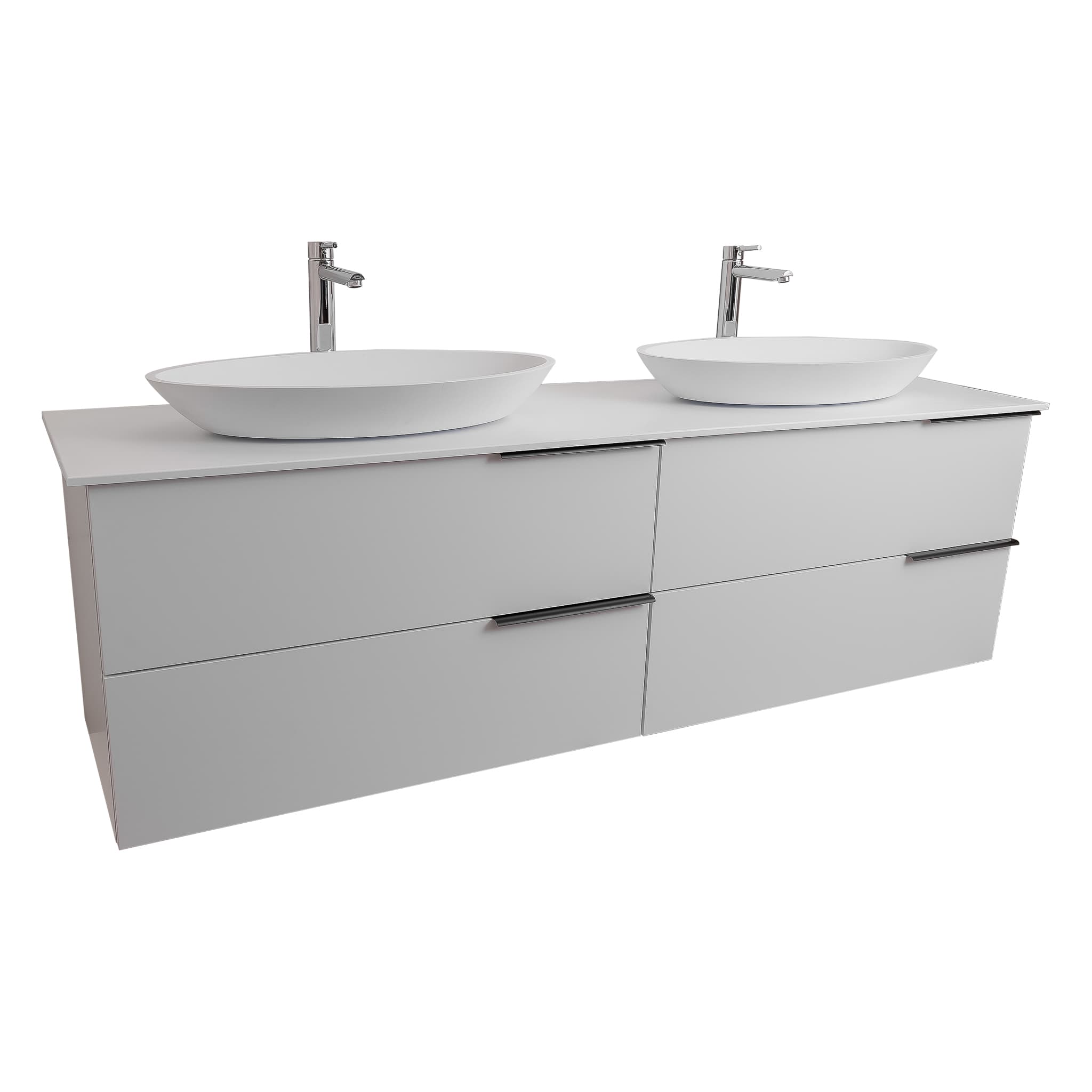 Mallorca 63 Matte White Cabinet, Solid Surface Flat White Counter And Two Oval Solid Surface White Basin 1305, Wall Mounted Modern Vanity Set