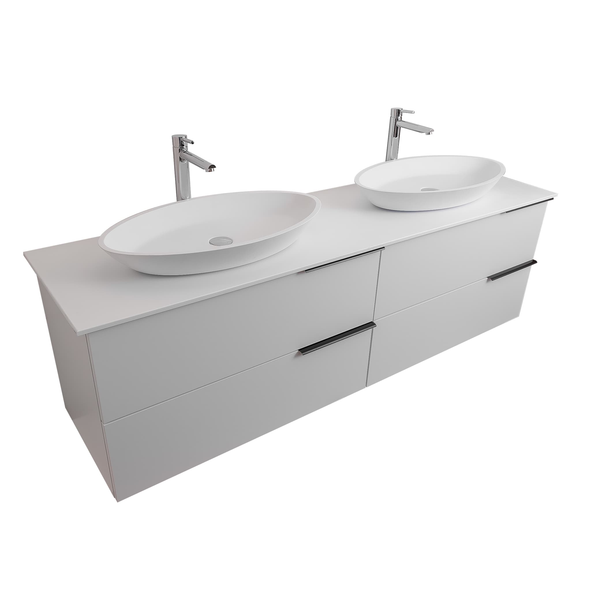 Mallorca 63 Matte White Cabinet, Solid Surface Flat White Counter And Two Oval Solid Surface White Basin 1305, Wall Mounted Modern Vanity Set