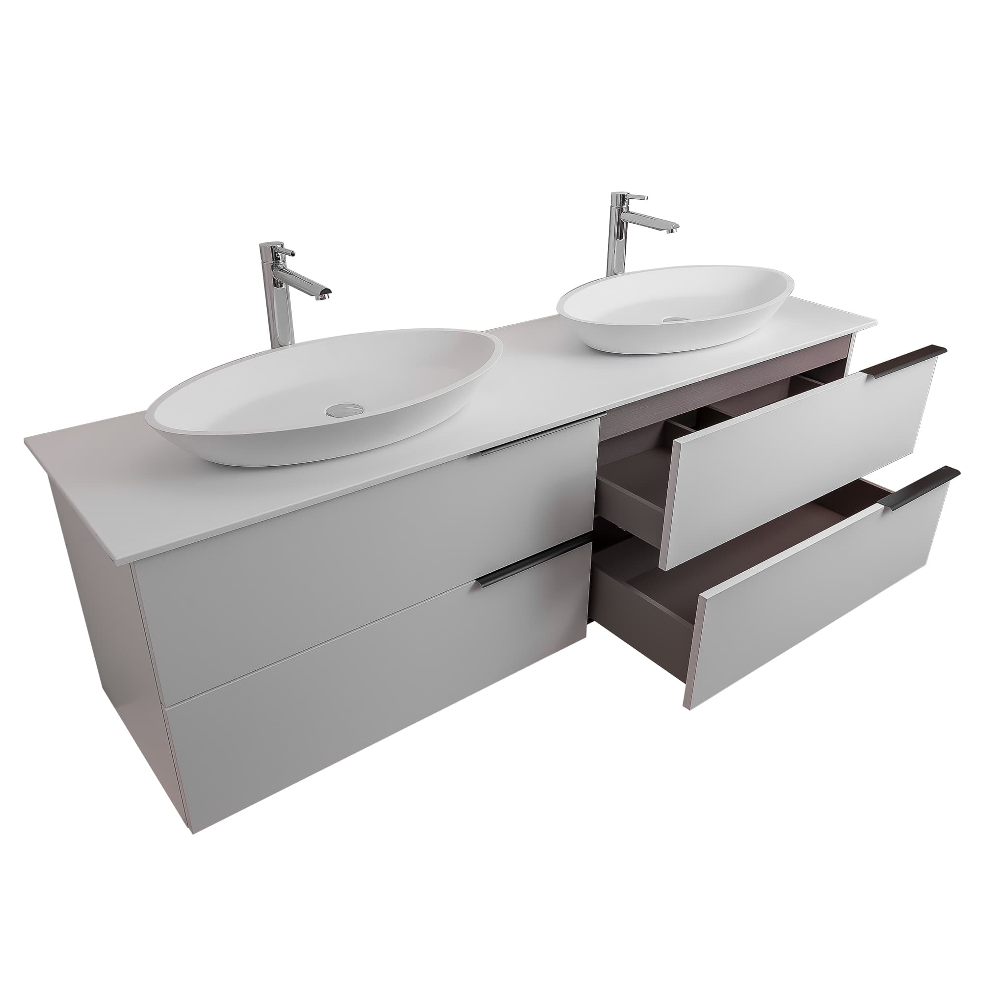 Mallorca 63 Matte White Cabinet, Solid Surface Flat White Counter And Two Oval Solid Surface White Basin 1305, Wall Mounted Modern Vanity Set