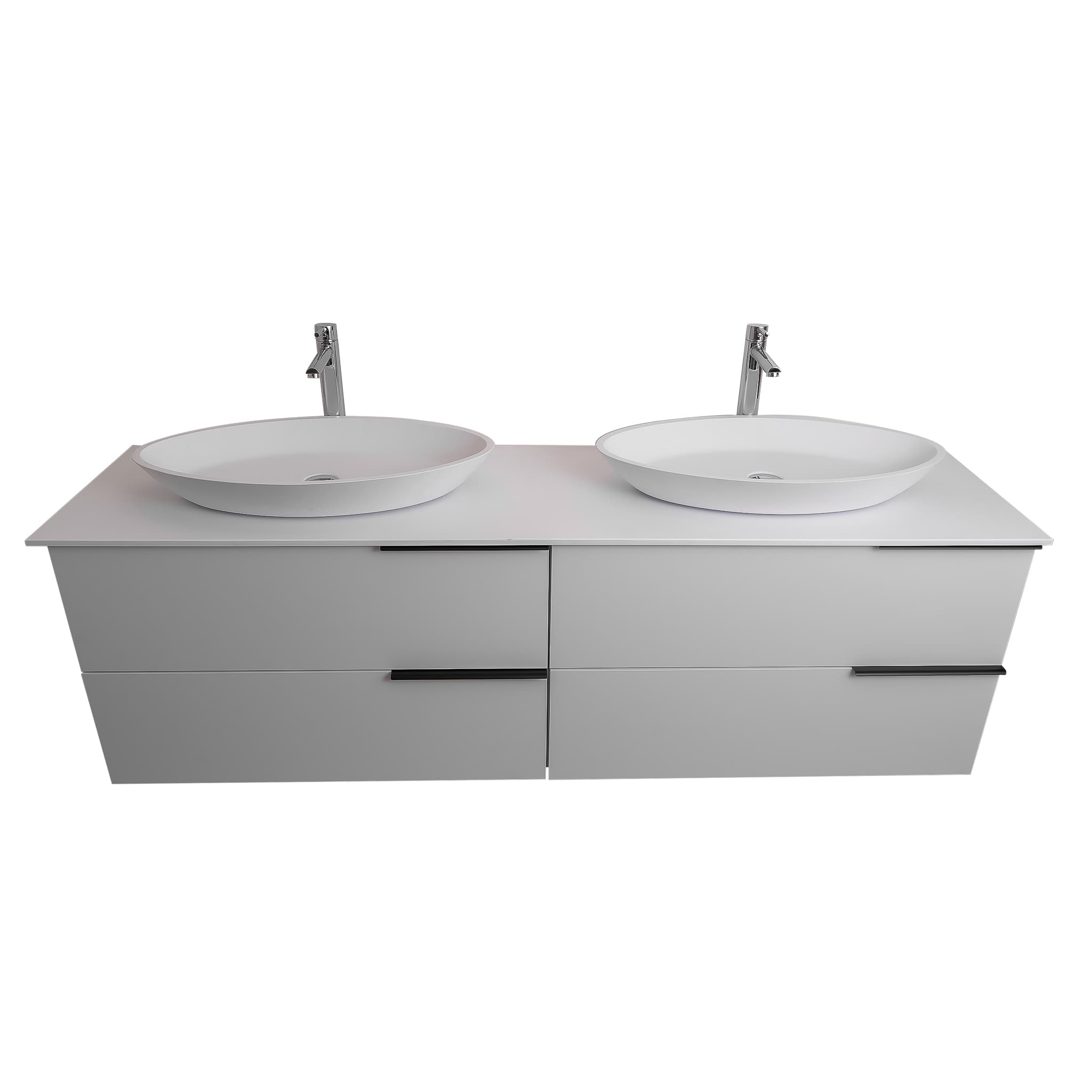 Mallorca 63 Matte White Cabinet, Solid Surface Flat White Counter And Two Oval Solid Surface White Basin 1305, Wall Mounted Modern Vanity Set