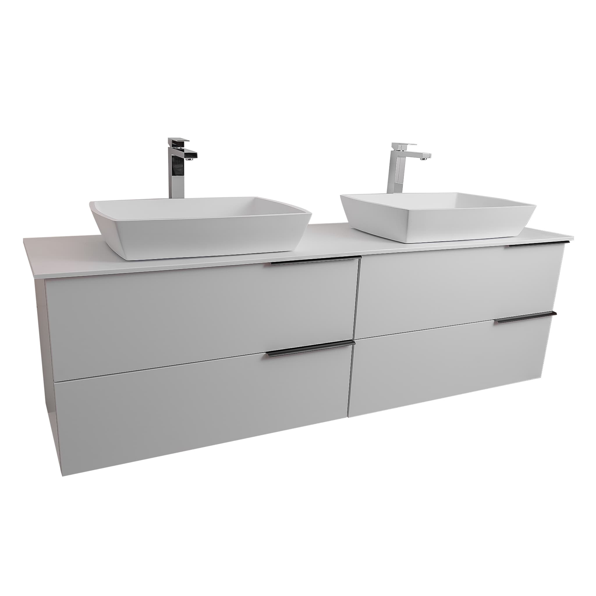 Mallorca 63 Matte White Cabinet, Solid Surface Flat White Counter And Two Square Solid Surface White Basin 1316, Wall Mounted Modern Vanity Set