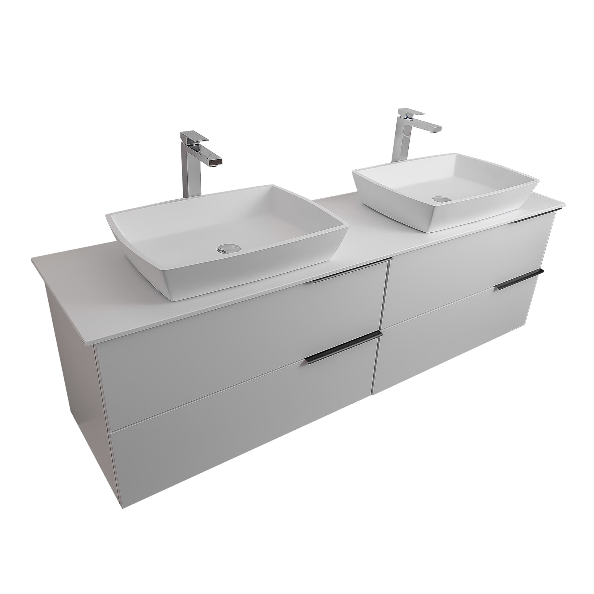 Mallorca 63 Matte White Cabinet, Solid Surface Flat White Counter And Two Square Solid Surface White Basin 1316, Wall Mounted Modern Vanity Set