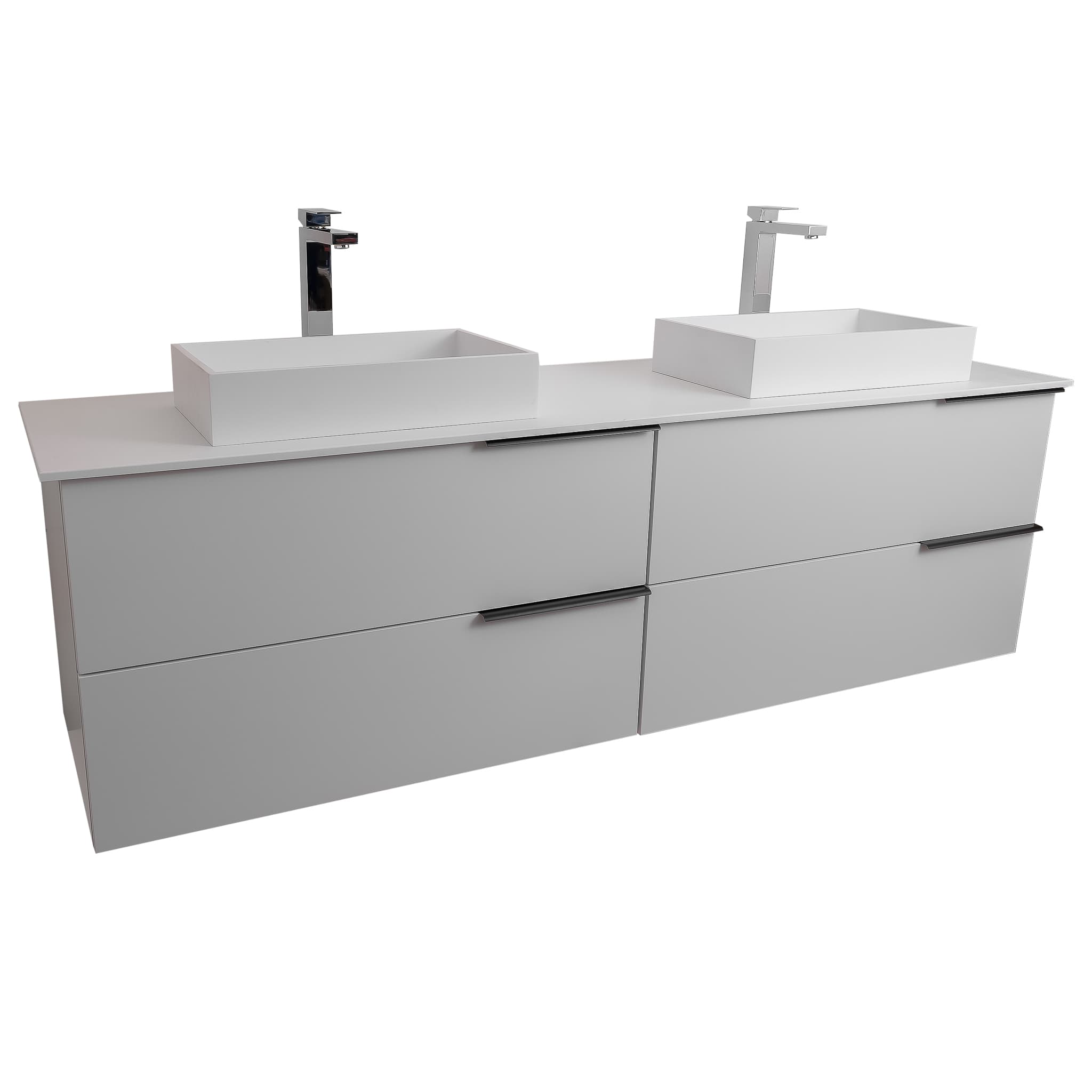 Mallorca 63 Matte White Cabinet, Solid Surface Flat White Counter And Two Infinity Square Solid Surface White Basin 1329, Wall Mounted Modern Vanity Set