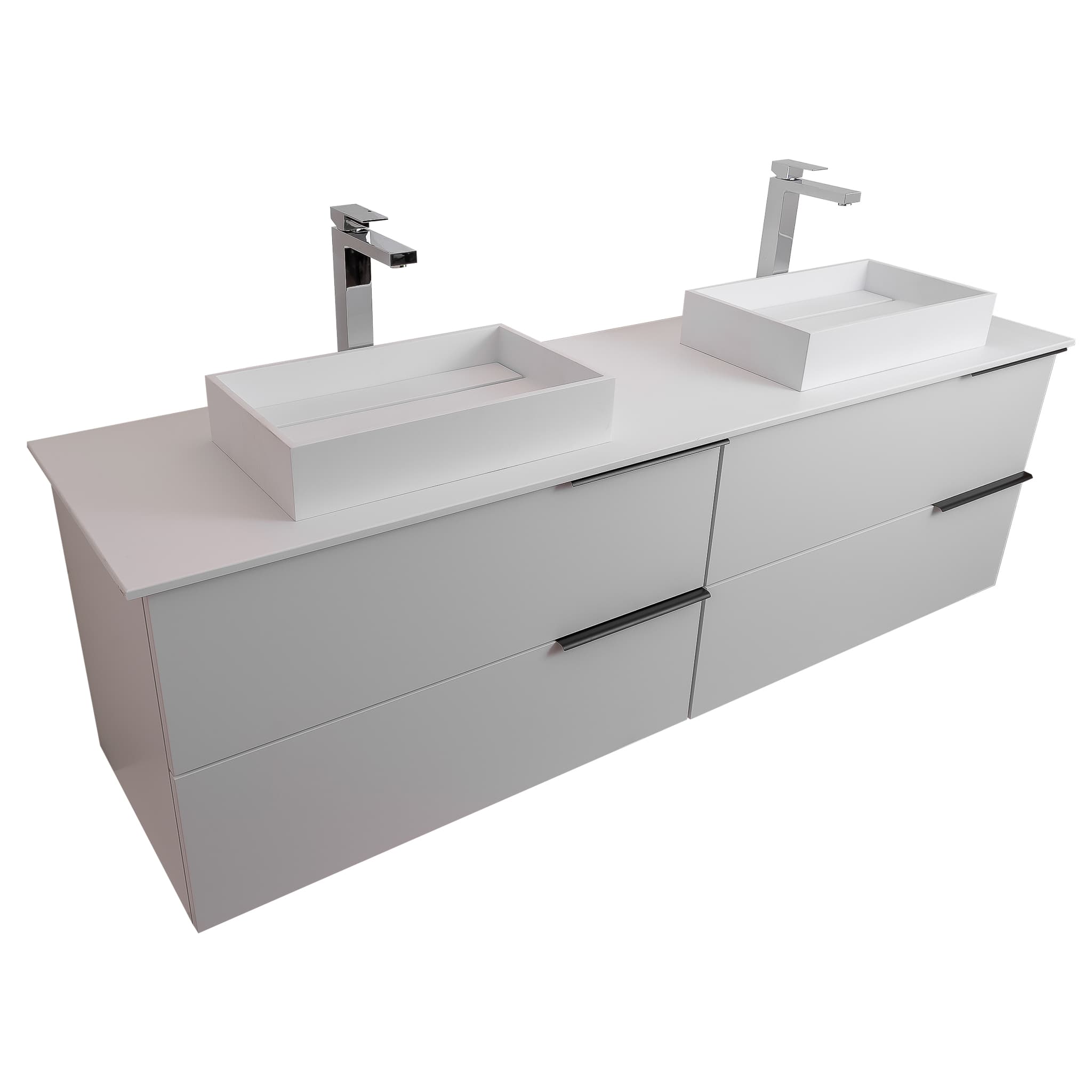 Mallorca 63 Matte White Cabinet, Solid Surface Flat White Counter And Two Infinity Square Solid Surface White Basin 1329, Wall Mounted Modern Vanity Set