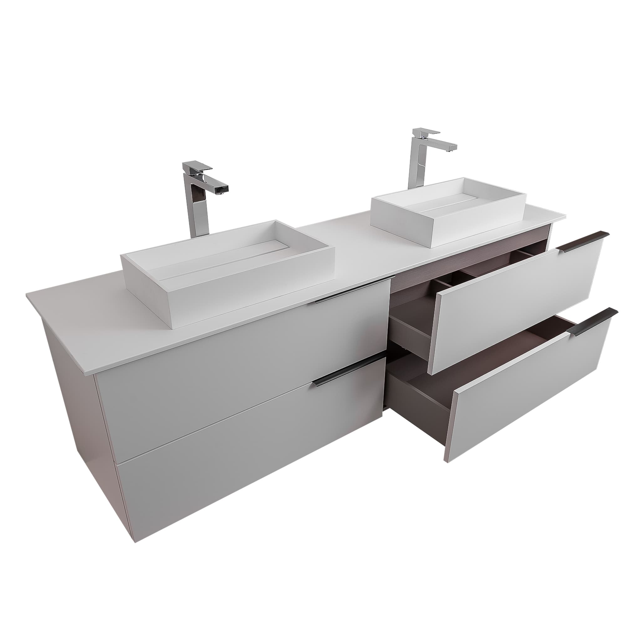 Mallorca 63 Matte White Cabinet, Solid Surface Flat White Counter And Two Infinity Square Solid Surface White Basin 1329, Wall Mounted Modern Vanity Set