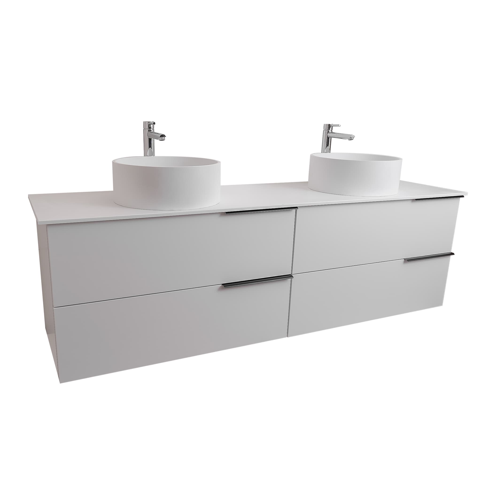 Mallorca 63 Matte White Cabinet, Solid Surface Flat White Counter And Two Round Solid Surface White Basin 1386, Wall Mounted Modern Vanity Set