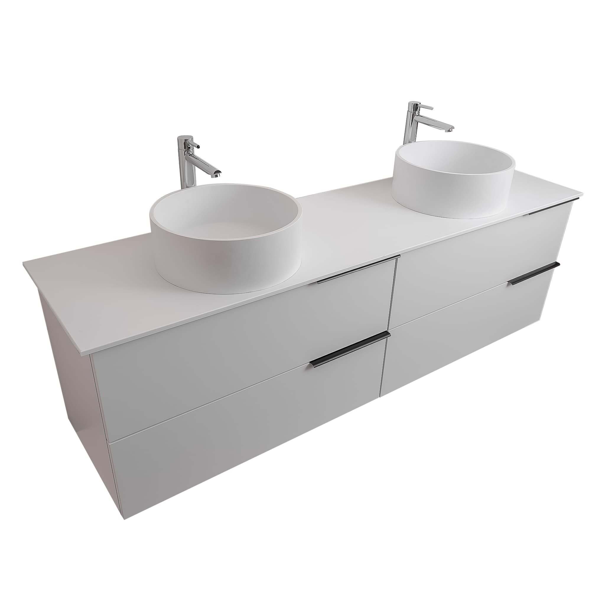 Mallorca 63 Matte White Cabinet, Solid Surface Flat White Counter And Two Round Solid Surface White Basin 1386, Wall Mounted Modern Vanity Set