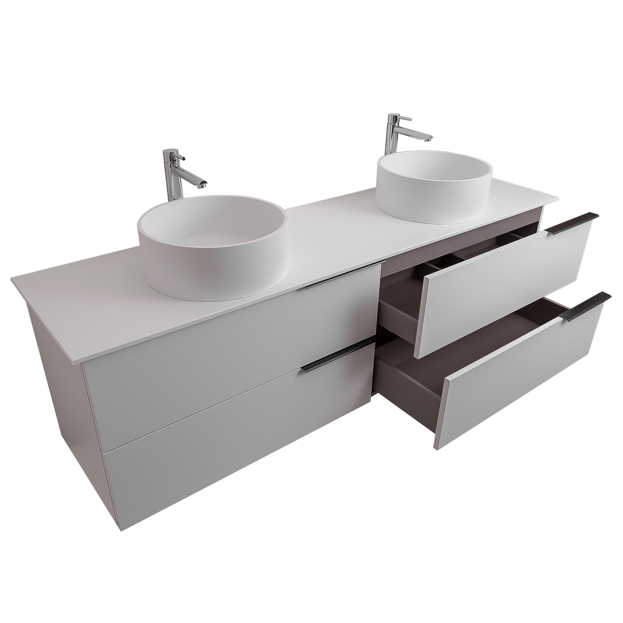 Mallorca 63 Matte White Cabinet, Solid Surface Flat White Counter And Two Round Solid Surface White Basin 1386, Wall Mounted Modern Vanity Set