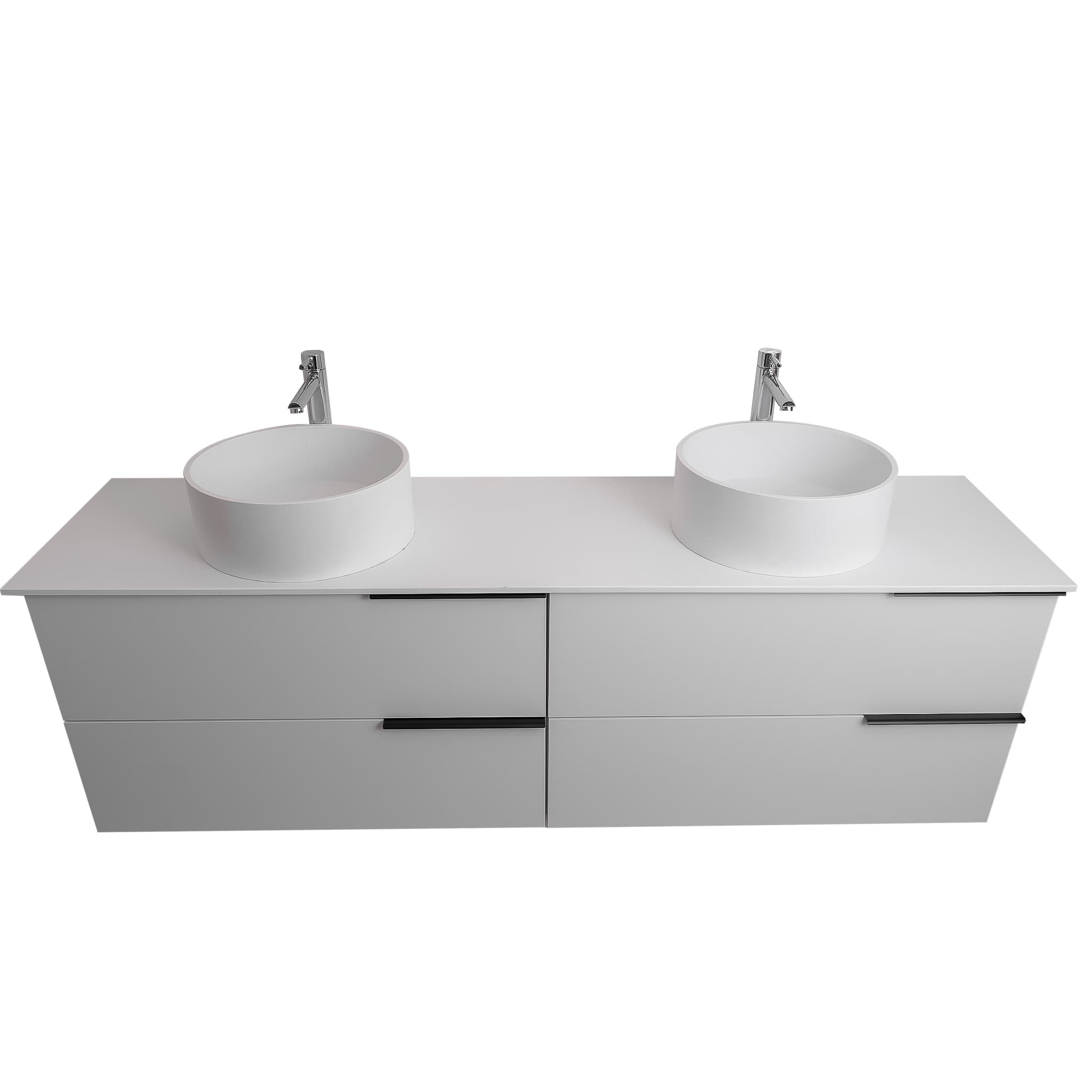 Mallorca 63 Matte White Cabinet, Solid Surface Flat White Counter And Two Round Solid Surface White Basin 1386, Wall Mounted Modern Vanity Set