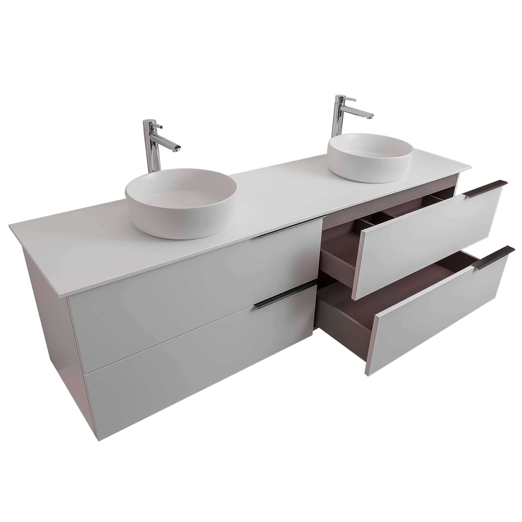 Mallorca 63 Matte White Cabinet, Ares White Top And Two Ares White Ceramic Basin, Wall Mounted Modern Vanity Set