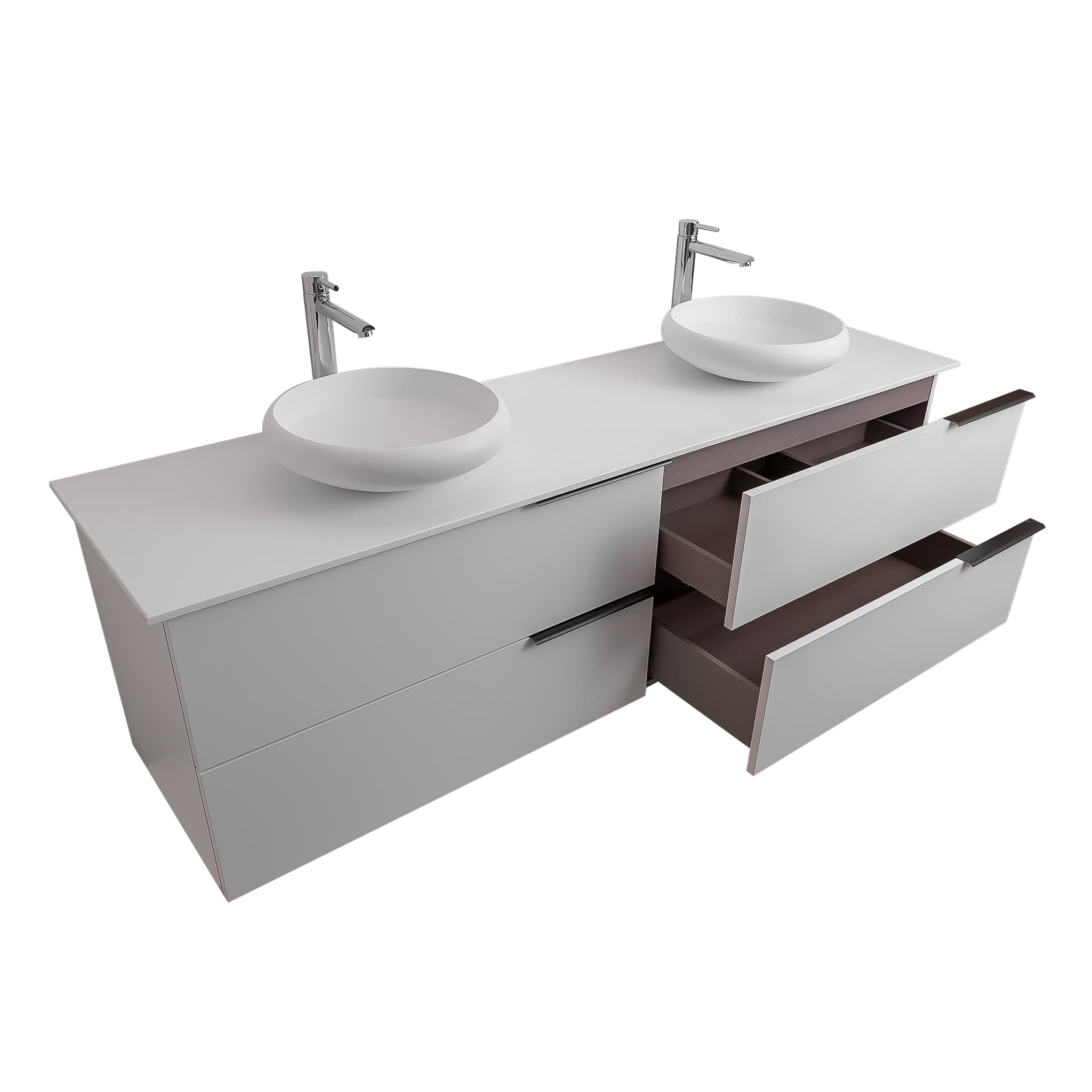 Mallorca 72 Matte White Cabinet, Solid Surface Flat White Counter And Two Round Solid Surface White Basin 1153, Wall Mounted Modern Vanity Set