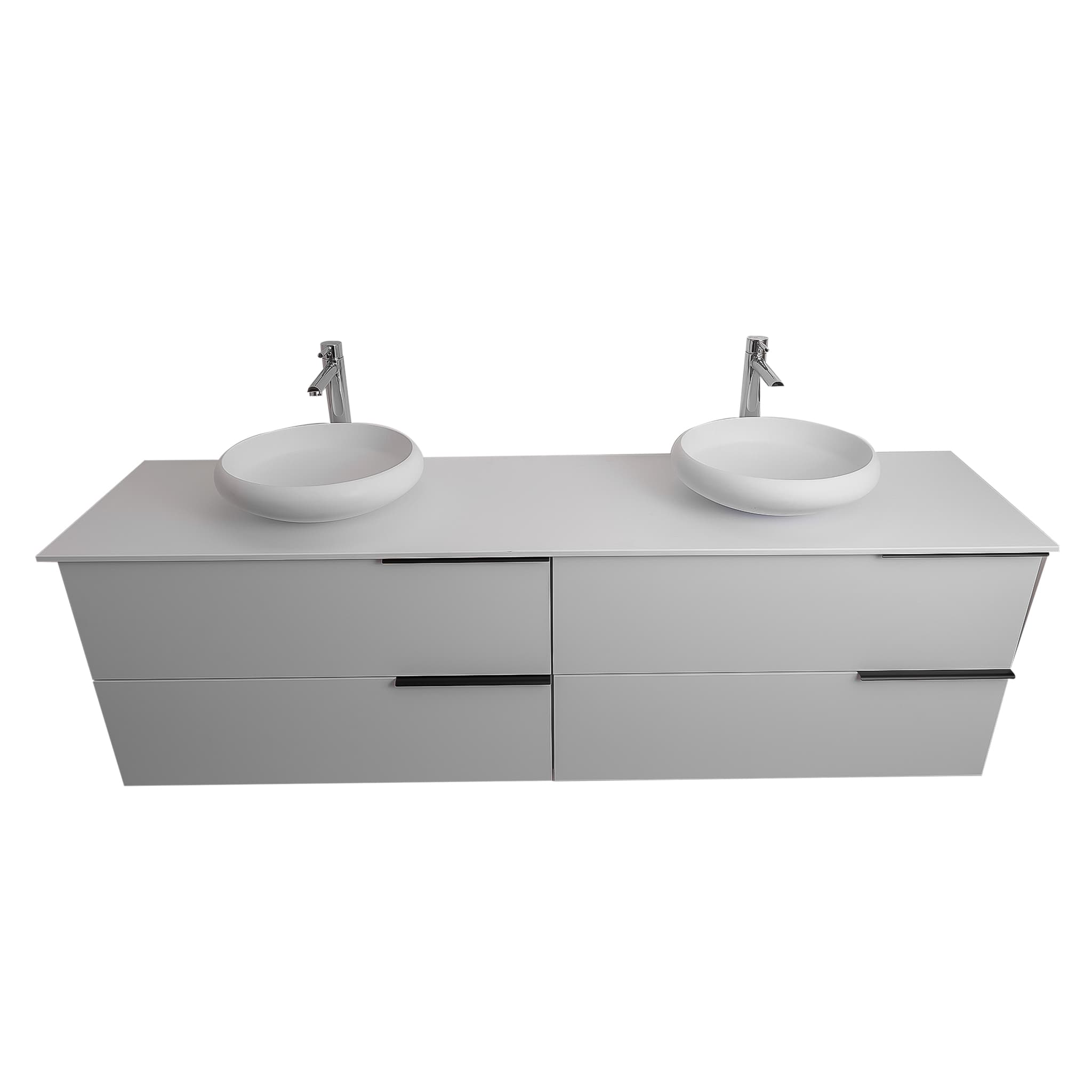 Mallorca 72 Matte White Cabinet, Solid Surface Flat White Counter And Two Round Solid Surface White Basin 1153, Wall Mounted Modern Vanity Set