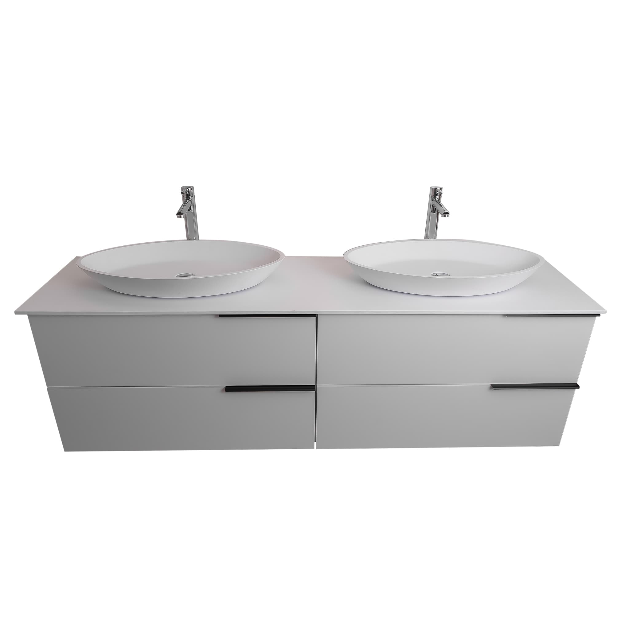 Mallorca 72 Matte White Cabinet, Solid Surface Flat White Counter And Two Oval Solid Surface White Basin 1305, Wall Mounted Modern Vanity Set