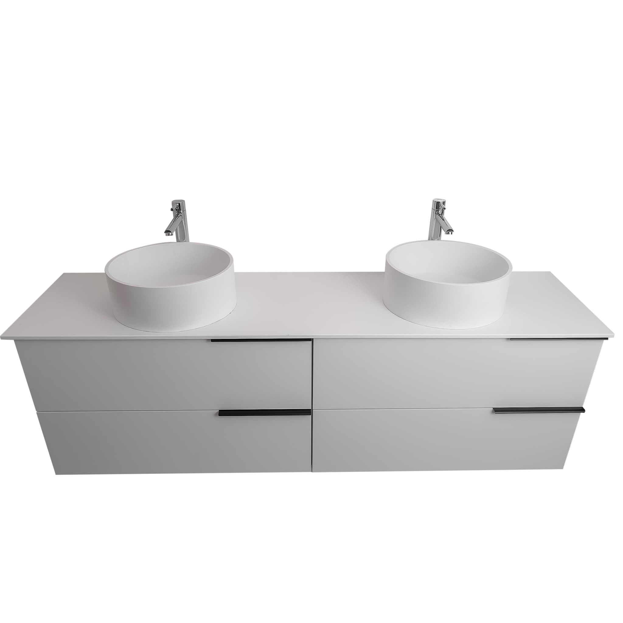 Mallorca 72 Matte White Cabinet, Solid Surface Flat White Counter And Two Round Solid Surface White Basin 1386, Wall Mounted Modern Vanity Set