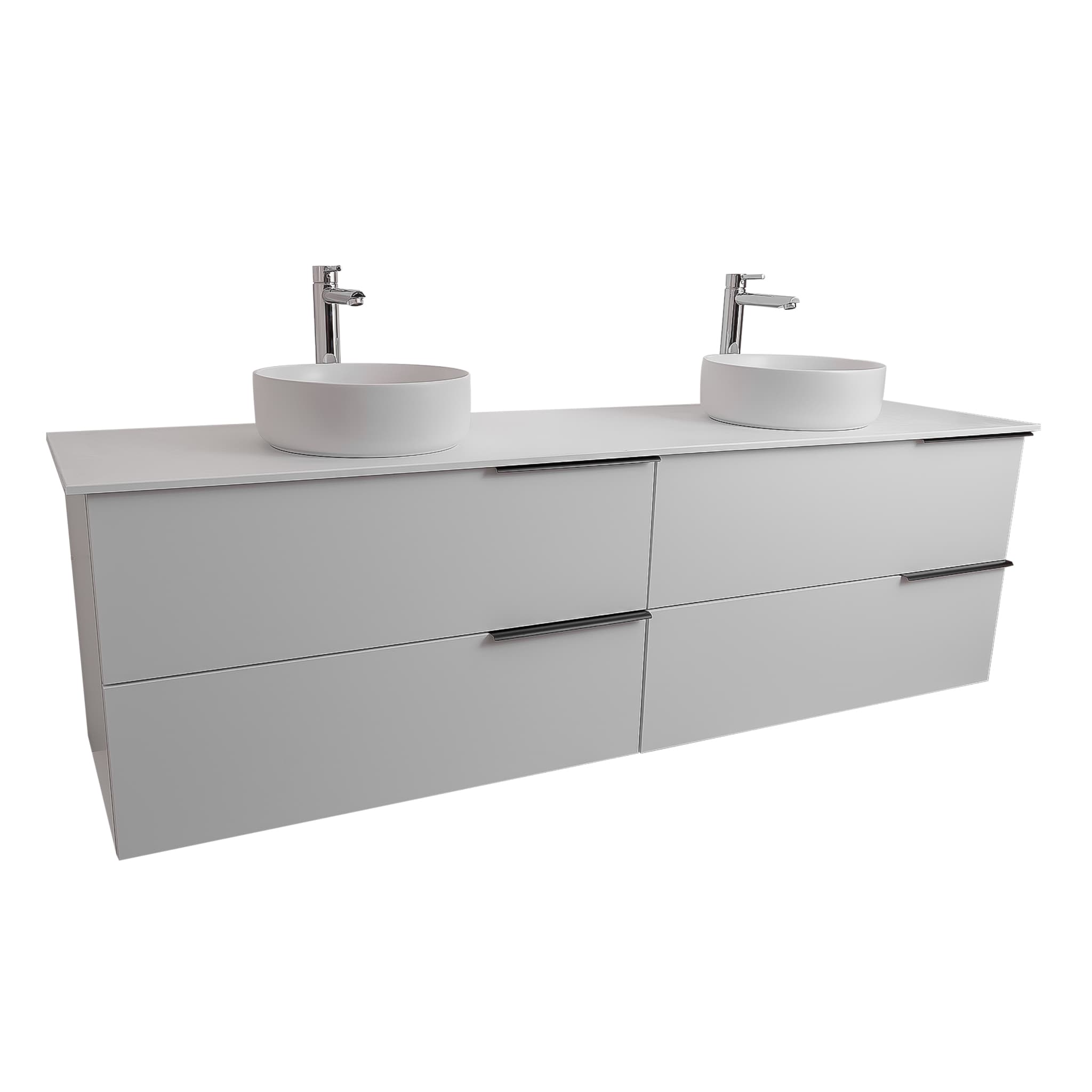 Mallorca 72 Matte White Cabinet, Ares White Top And Two Ares White Ceramic Basin, Wall Mounted Modern Vanity Set