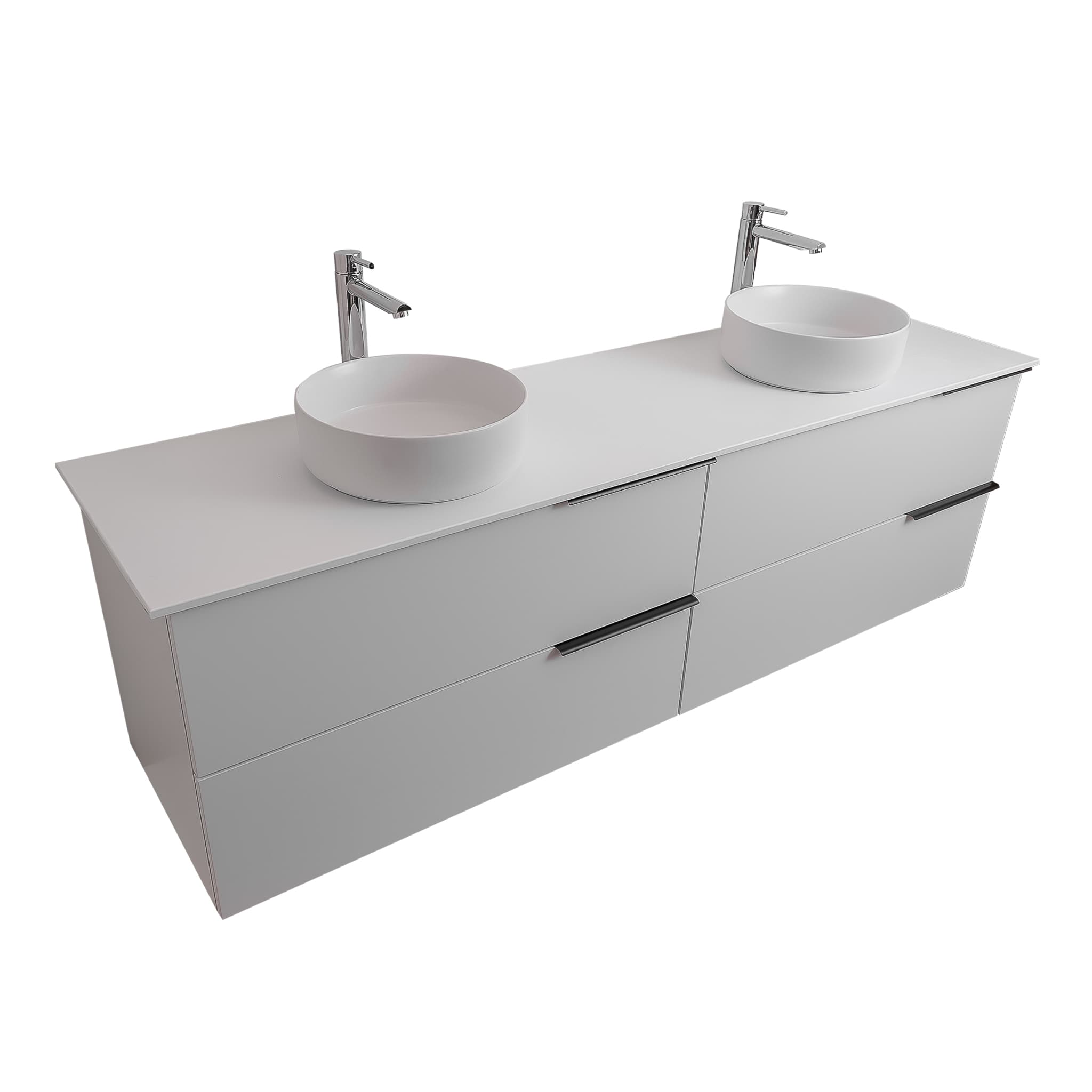 Mallorca 72 Matte White Cabinet, Ares White Top And Two Ares White Ceramic Basin, Wall Mounted Modern Vanity Set