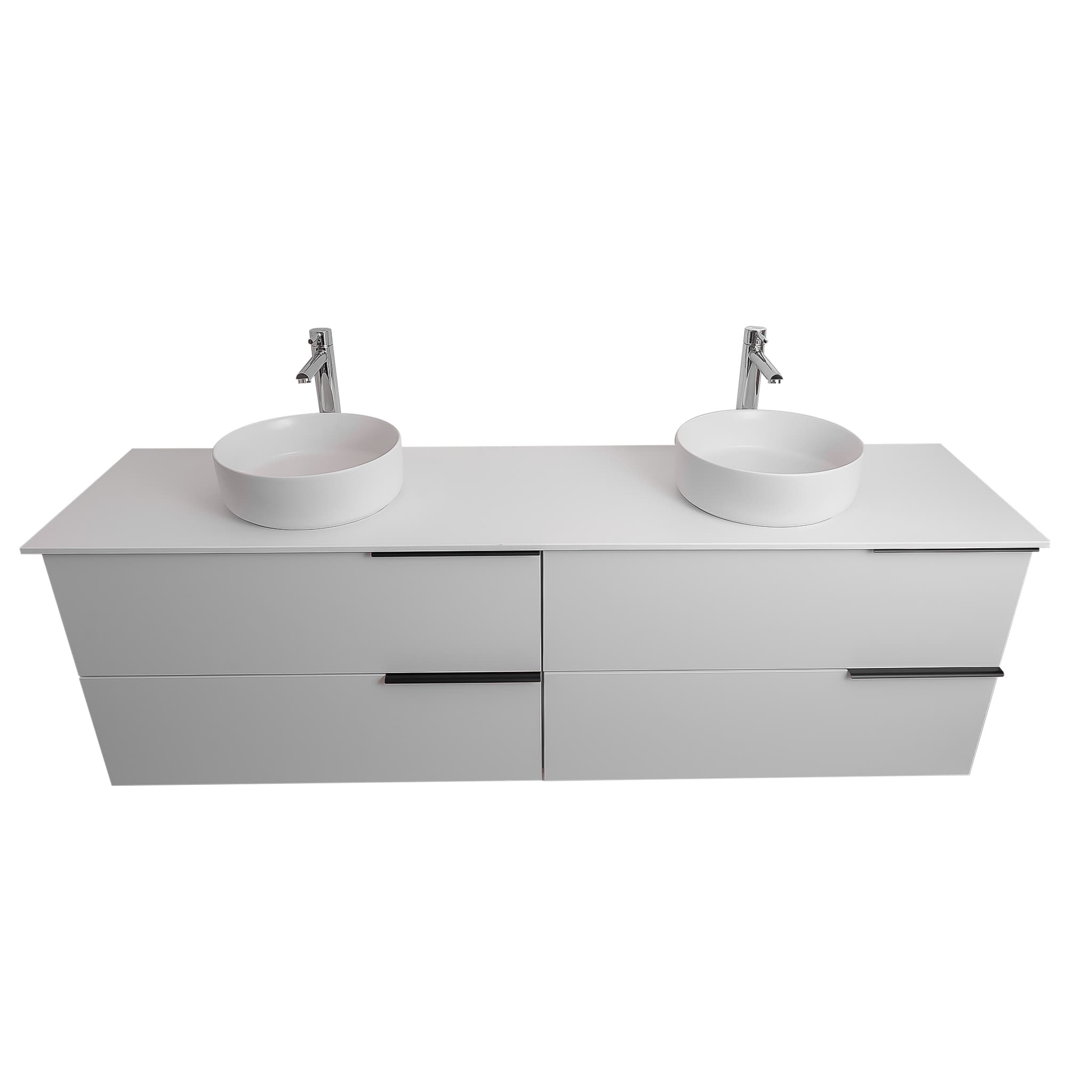 Mallorca 72 Matte White Cabinet, Ares White Top And Two Ares White Ceramic Basin, Wall Mounted Modern Vanity Set