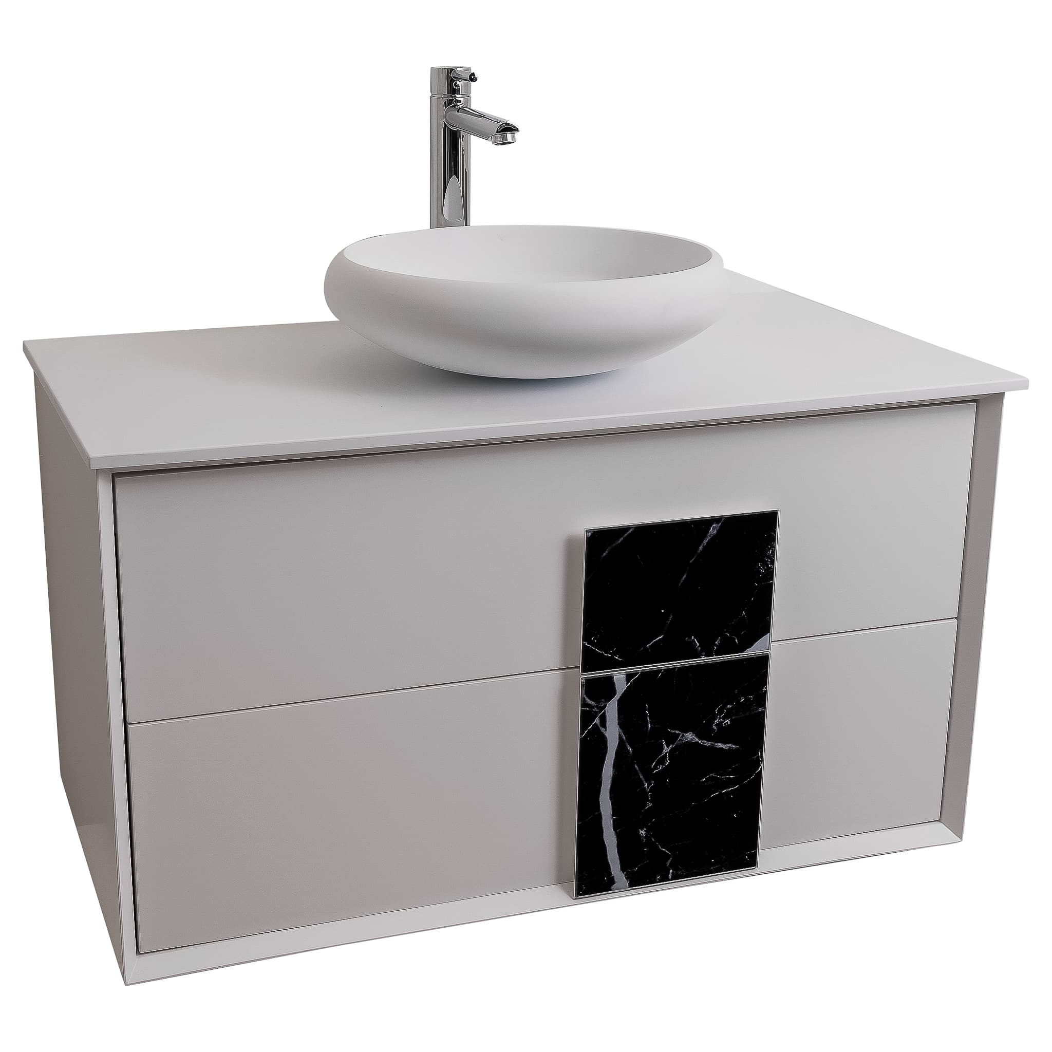 Piazza 31.5 Matte White With Black Marble Handle Cabinet, Solid Surface Flat White Counter and Round Solid Surface White Basin 1153, Wall Mounted Modern Vanity Set