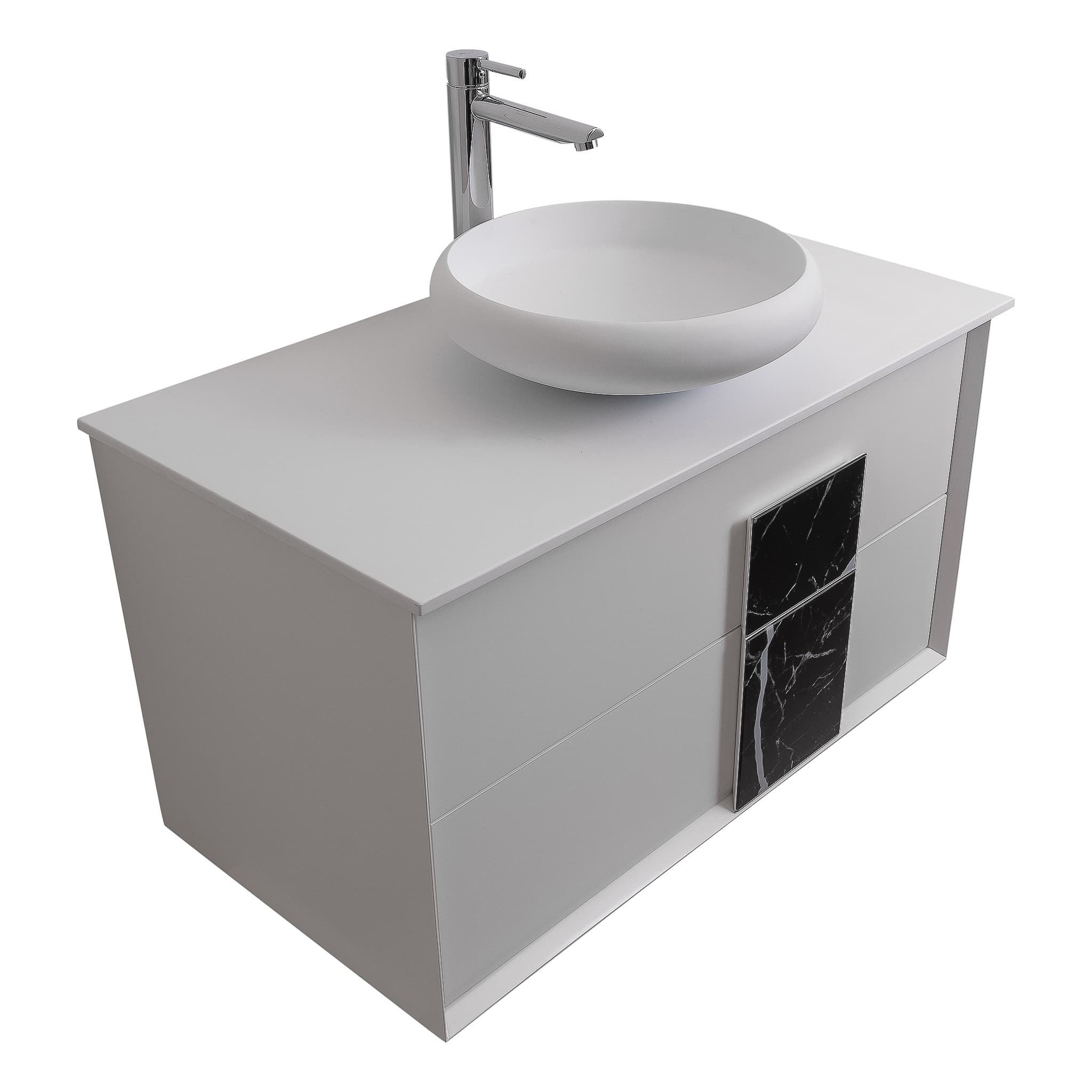 Piazza 31.5 Matte White With Black Marble Handle Cabinet, Solid Surface Flat White Counter and Round Solid Surface White Basin 1153, Wall Mounted Modern Vanity Set