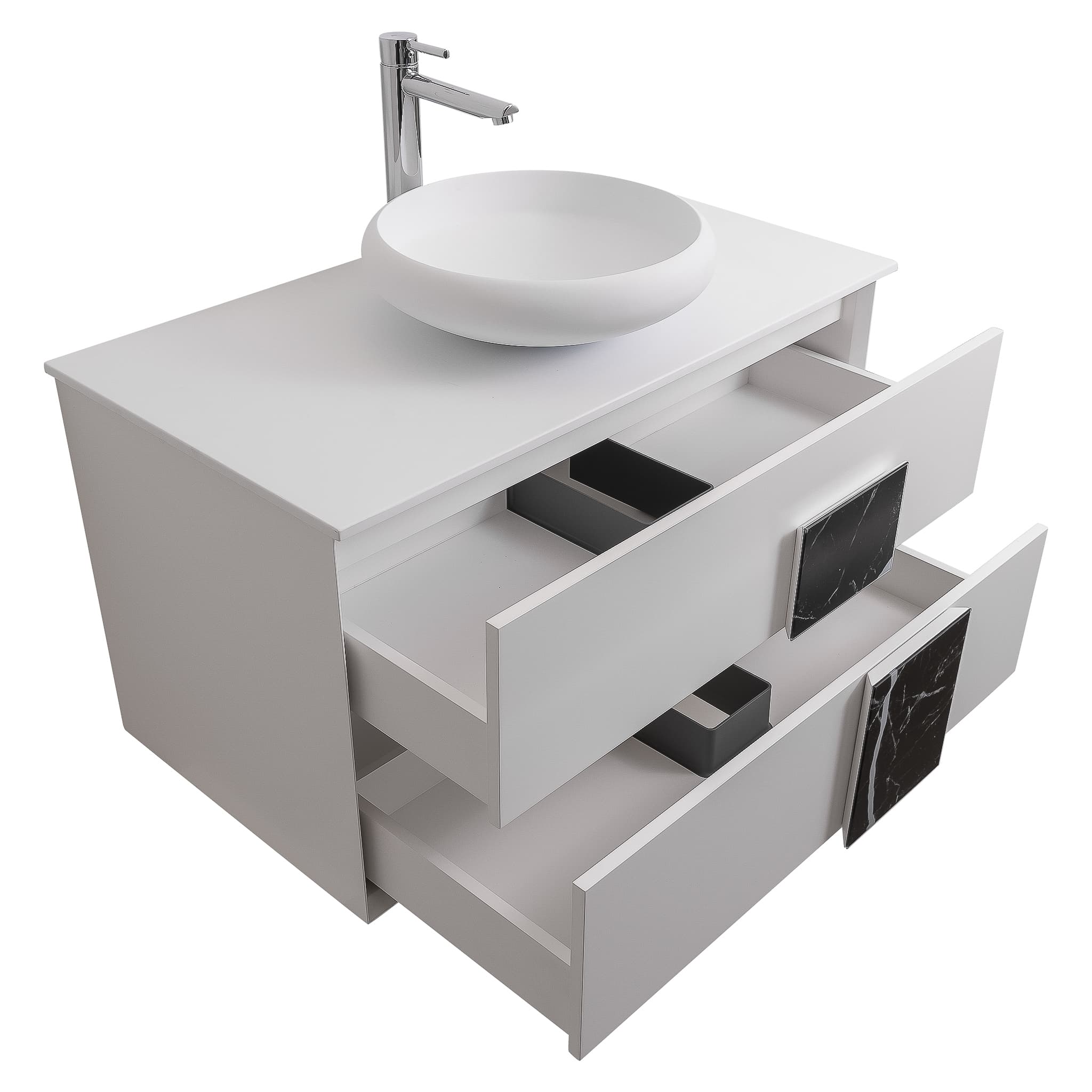 Piazza 31.5 Matte White With Black Marble Handle Cabinet, Solid Surface Flat White Counter and Round Solid Surface White Basin 1153, Wall Mounted Modern Vanity Set