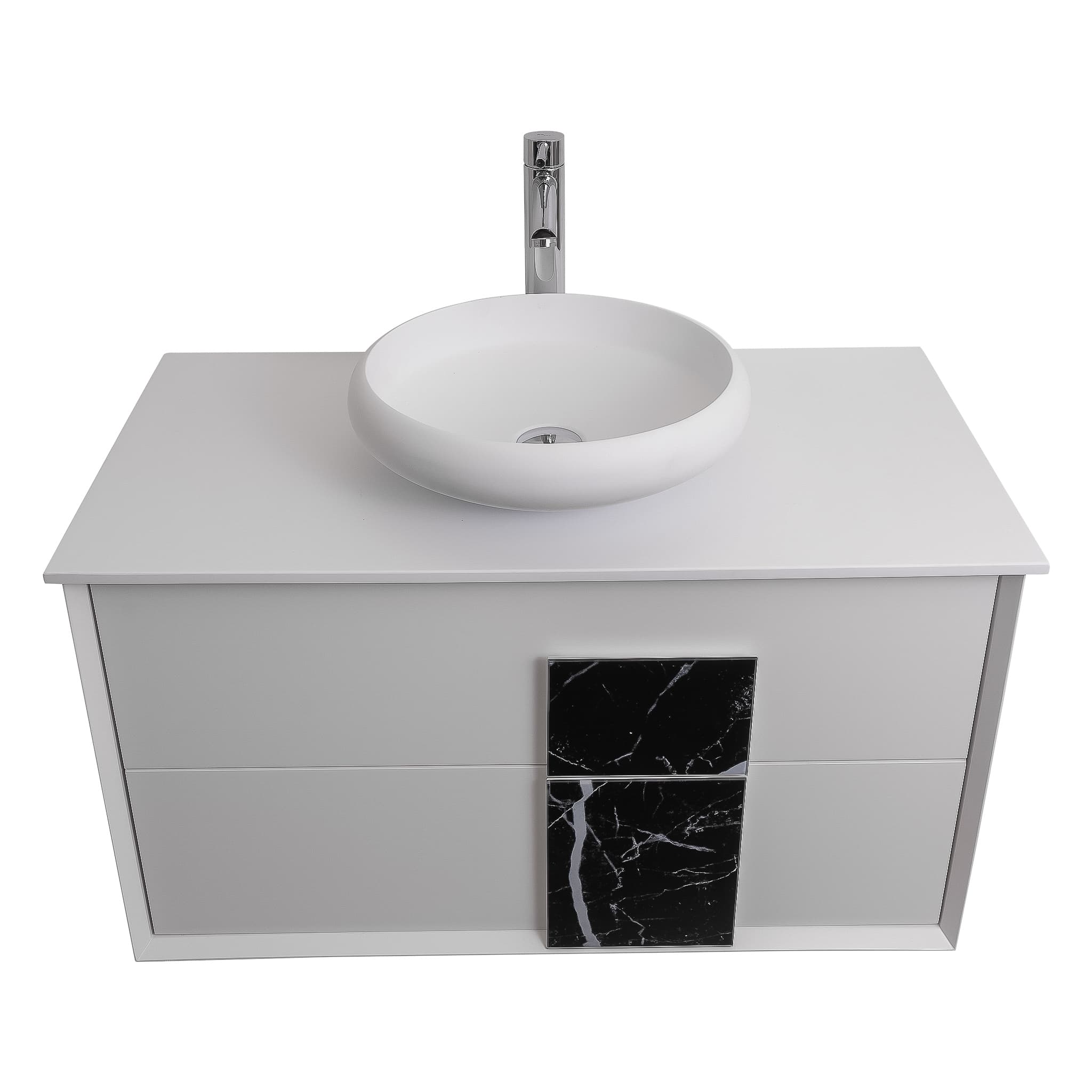 Piazza 31.5 Matte White With Black Marble Handle Cabinet, Solid Surface Flat White Counter and Round Solid Surface White Basin 1153, Wall Mounted Modern Vanity Set
