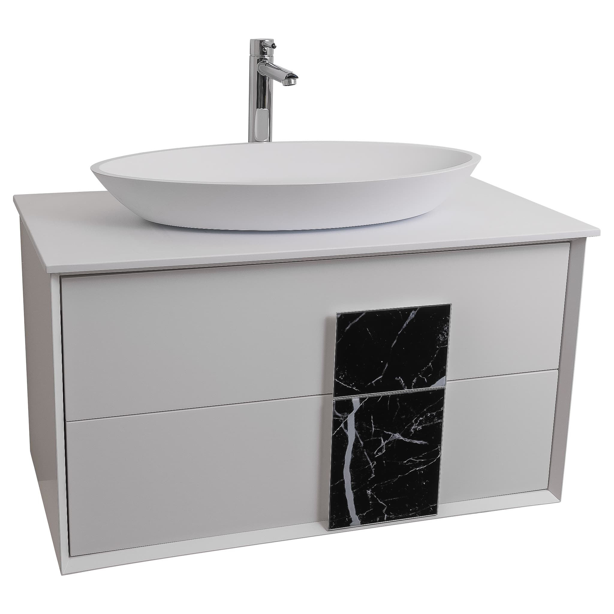 Piazza 31.5 Matte White With Black Marble Handle Cabinet, Solid Surface Flat White Counter and Oval Solid Surface White Basin 1305, Wall Mounted Modern Vanity Set