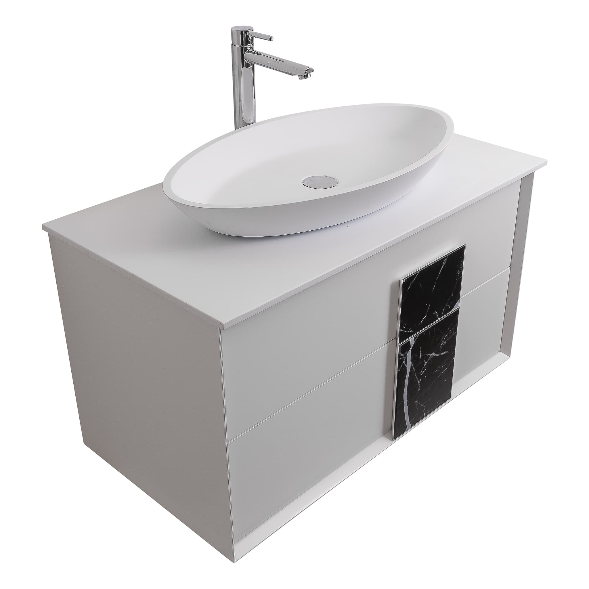 Piazza 31.5 Matte White With Black Marble Handle Cabinet, Solid Surface Flat White Counter and Oval Solid Surface White Basin 1305, Wall Mounted Modern Vanity Set