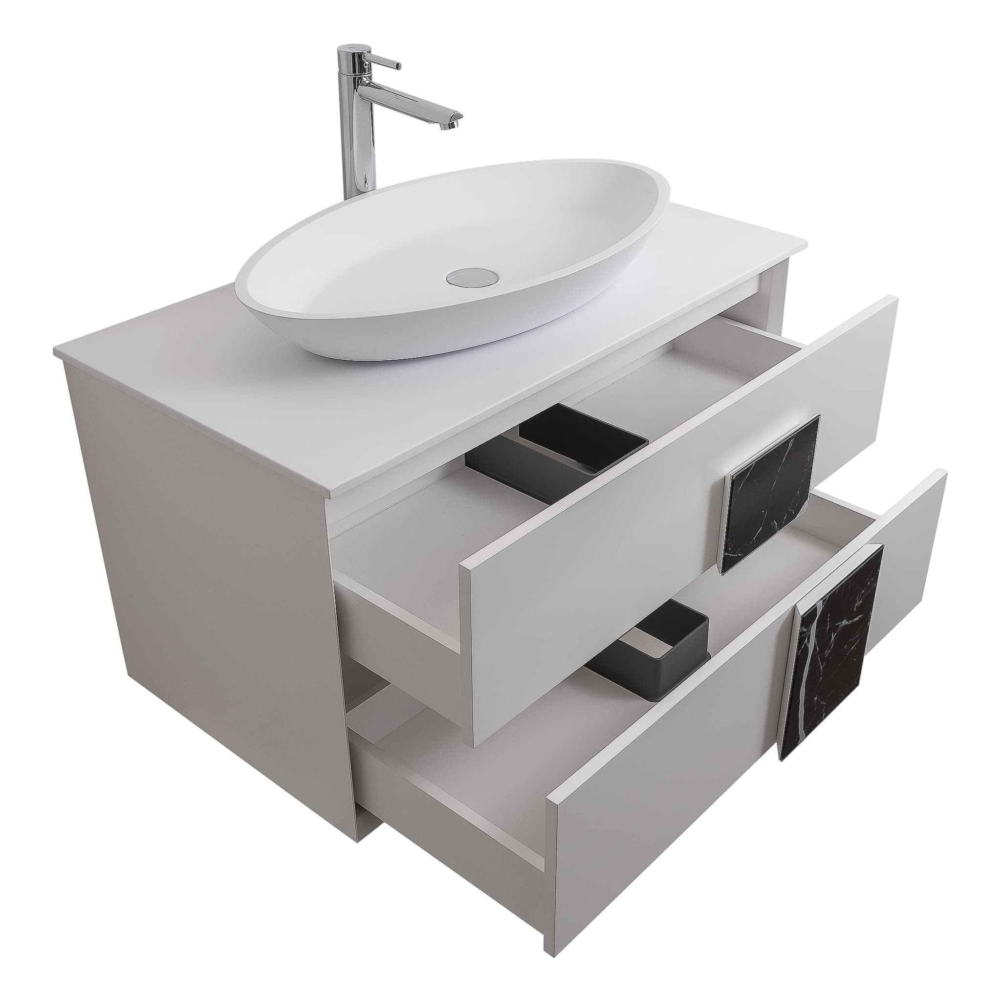 Piazza 31.5 Matte White With Black Marble Handle Cabinet, Solid Surface Flat White Counter and Oval Solid Surface White Basin 1305, Wall Mounted Modern Vanity Set