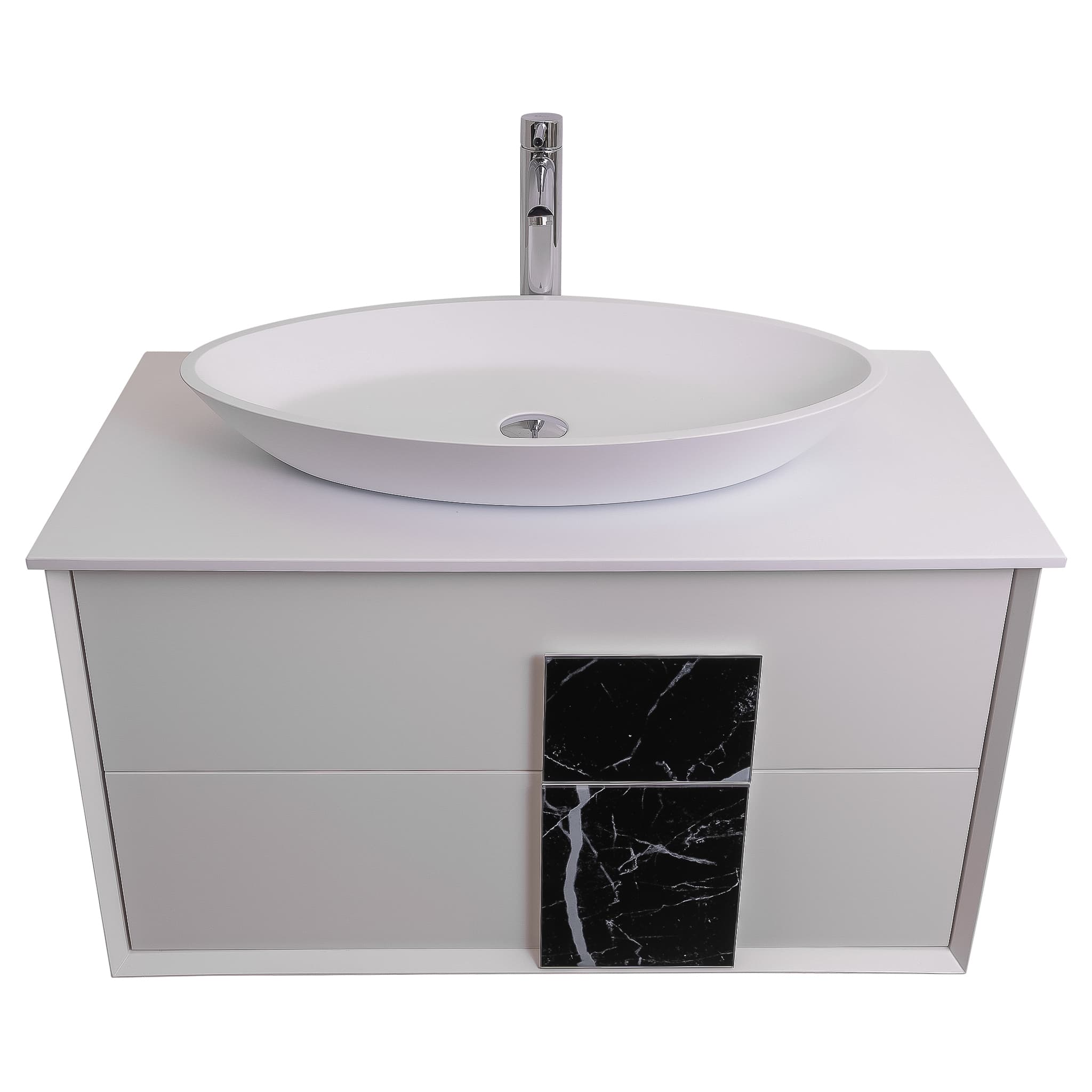 Piazza 31.5 Matte White With Black Marble Handle Cabinet, Solid Surface Flat White Counter and Oval Solid Surface White Basin 1305, Wall Mounted Modern Vanity Set